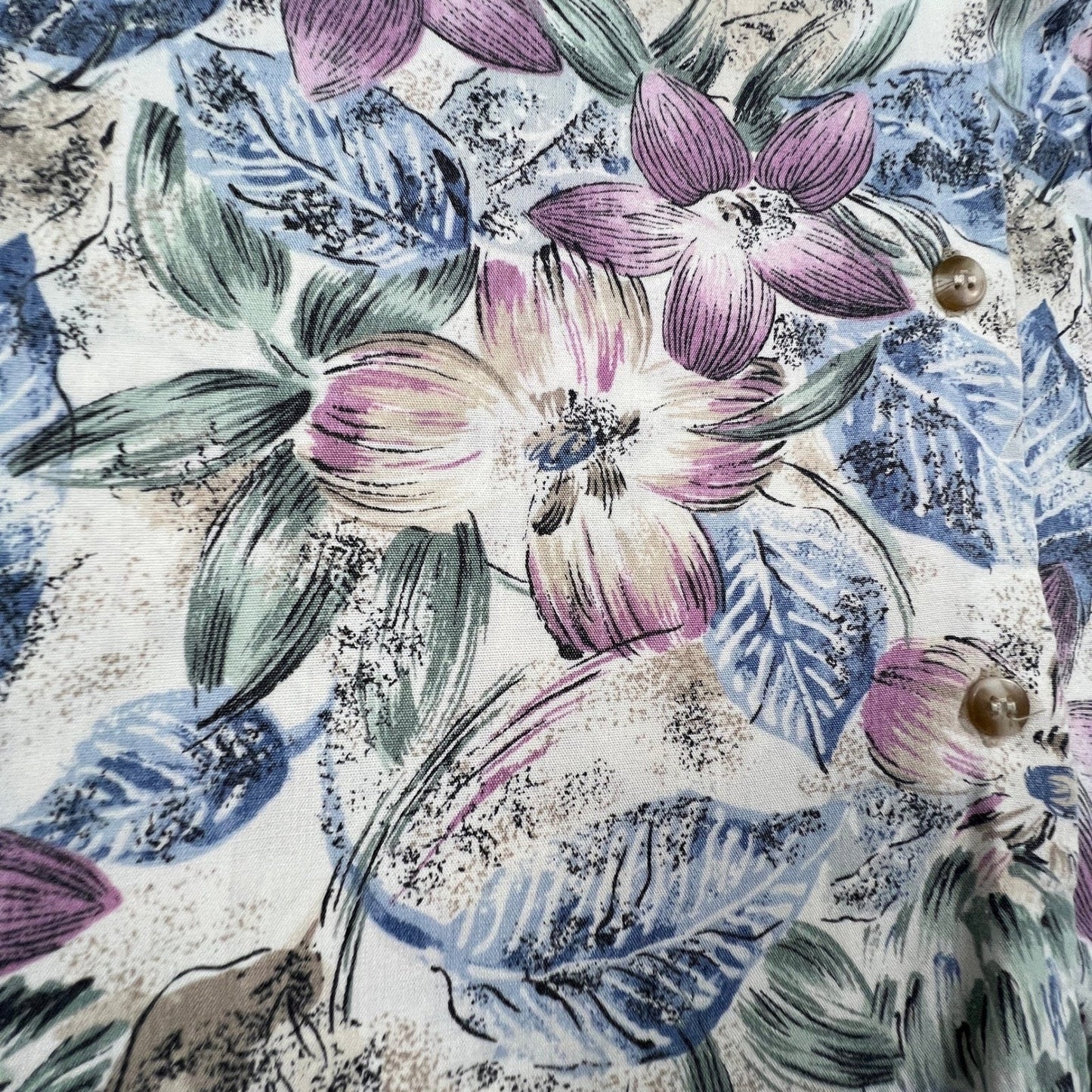 Kate Allen Floral Button Up Shirt Womens Petite Large Purple Blue Tropical Camp