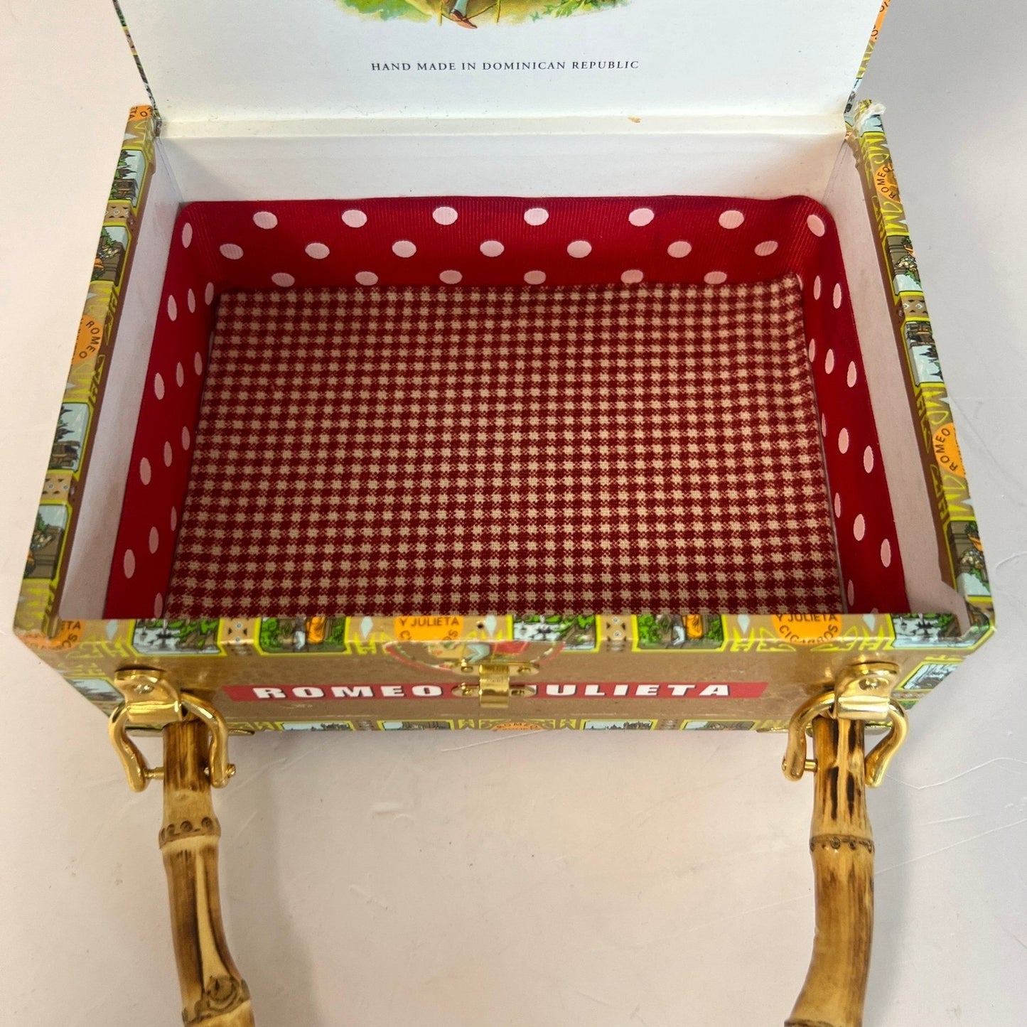 Kay Warren Cigar Box Purse Womens Multicolor Bamboo Handle Romeo y Julieta
