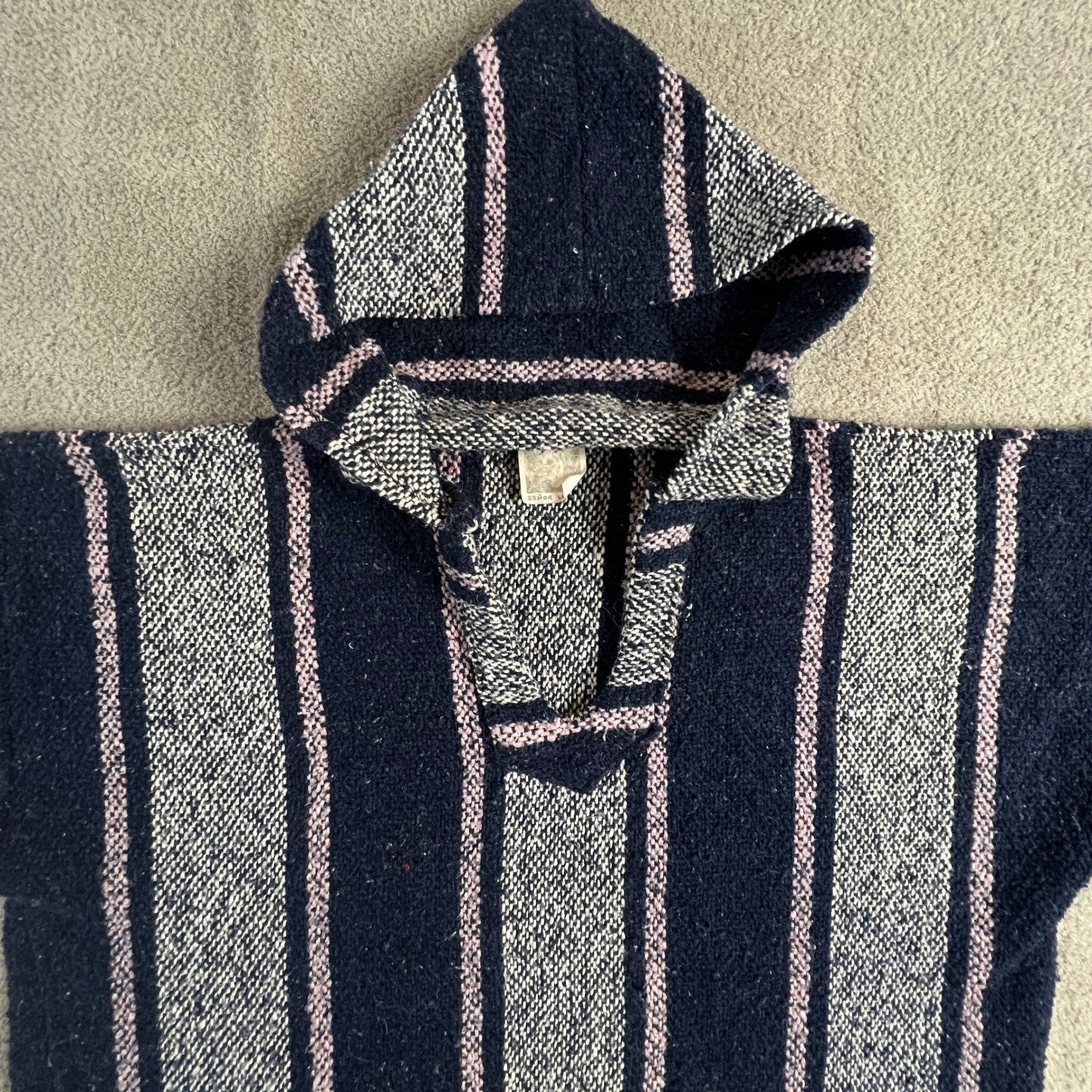 Senor Lopez Mexican Baja Hoodie Navy Blue Pink Striped Rug Pullover Large