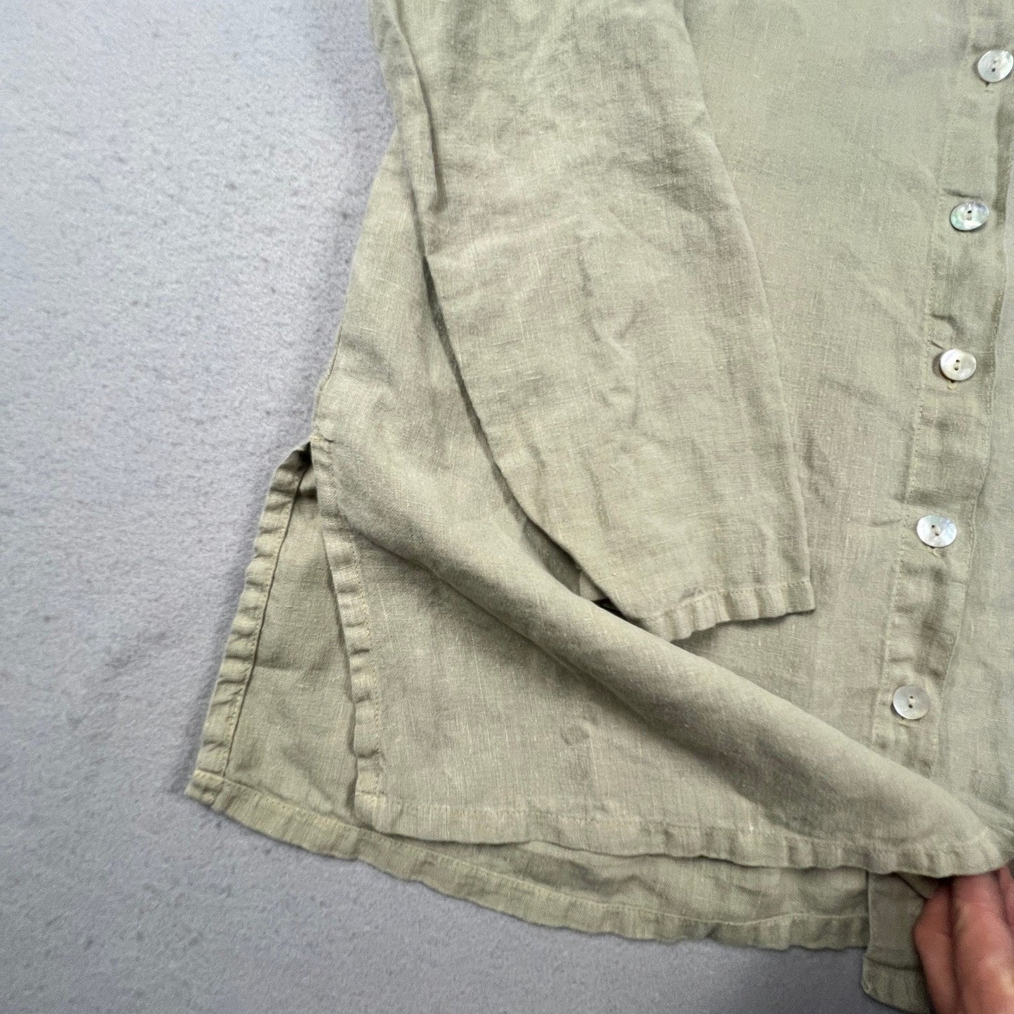 J. Jill Linen Button Down Tunic Womens MP Petite Green Pleated Back Coastal Boho