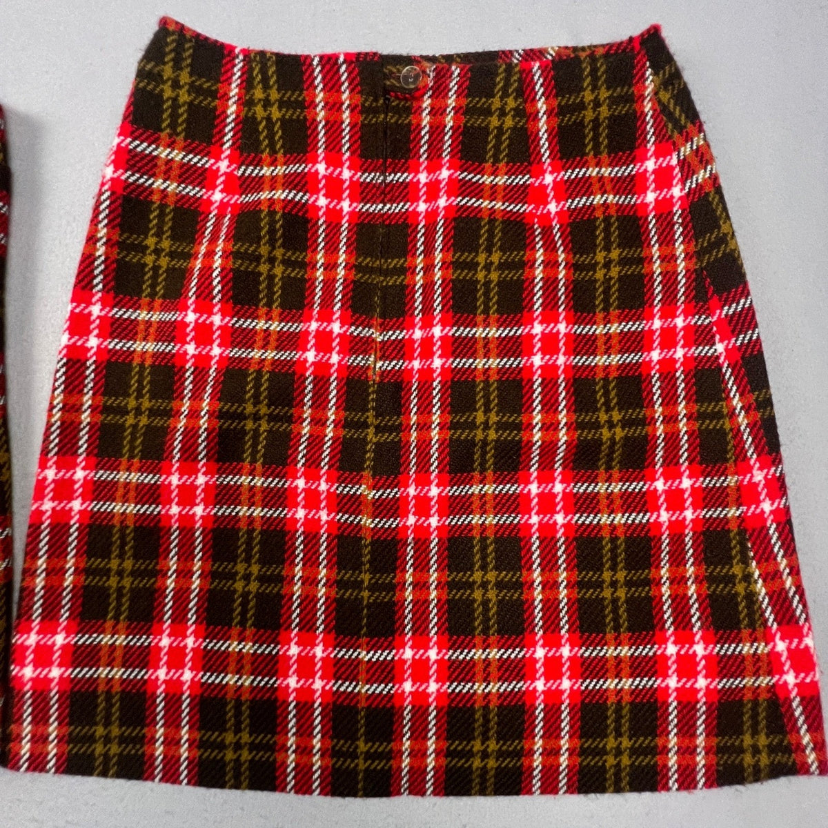 Vintage Plaid Skirt Set Womens Medium Red Brown Vest Mini Skirt Mod Academic