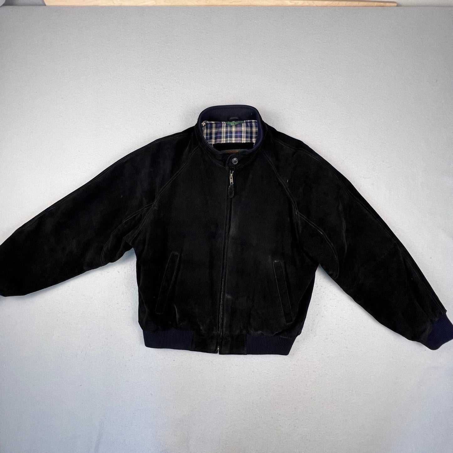 Field & Stream Leather Bomber Jacket Mens Large Black Suede Plaid Lined Outdoor