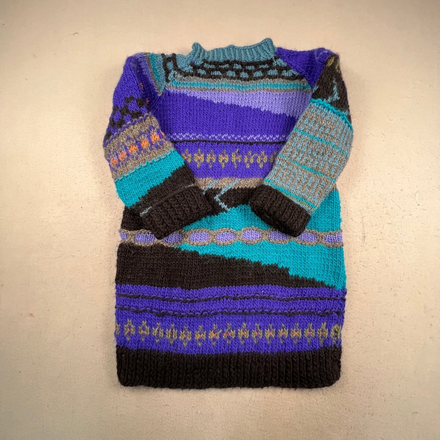 Hand Knit Sweater Dress Womens M Purple Turquoise Abstract Fair Isle Boho 3D VTG