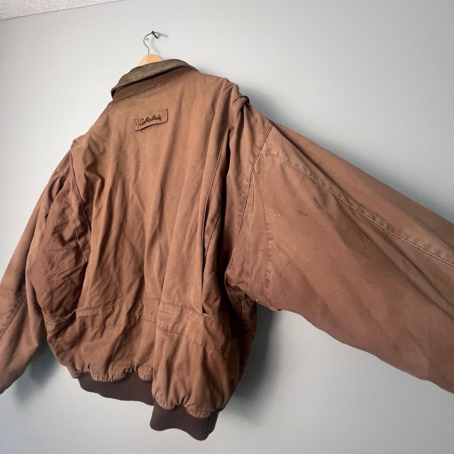 VTG Cabelas Canvas Jacket Mens XL Brown Leather Collar Workwear Outdoor Coat Job