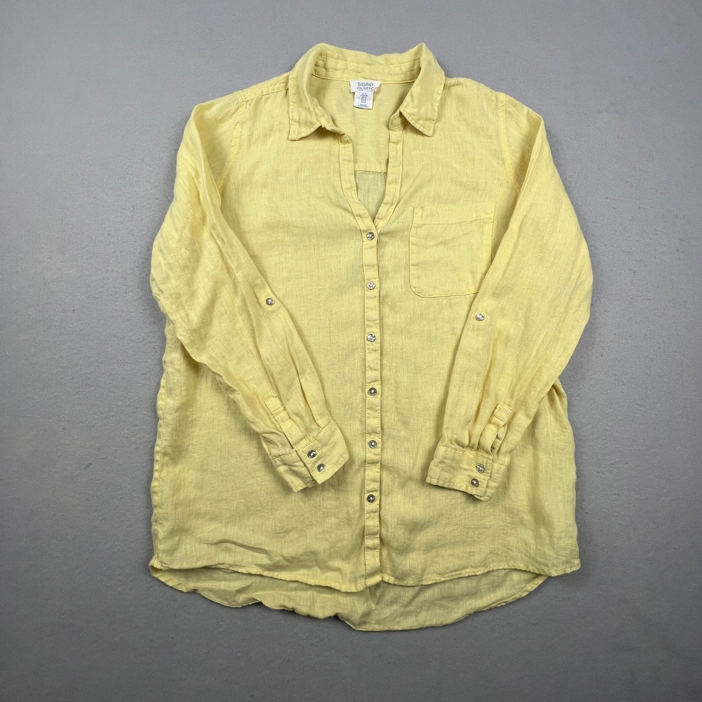 Sigrid Olsen Linen Button Down Shirt Women Medium Yellow Roll Tab Coastal Summer