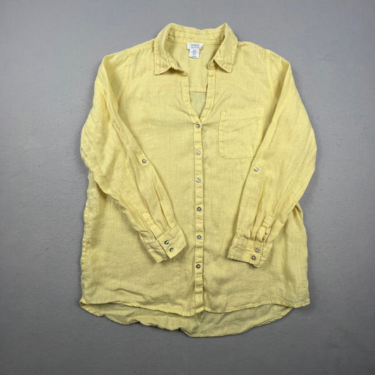 Sigrid Olsen Linen Button Down Shirt Women Medium Yellow Roll Tab Coastal Summer