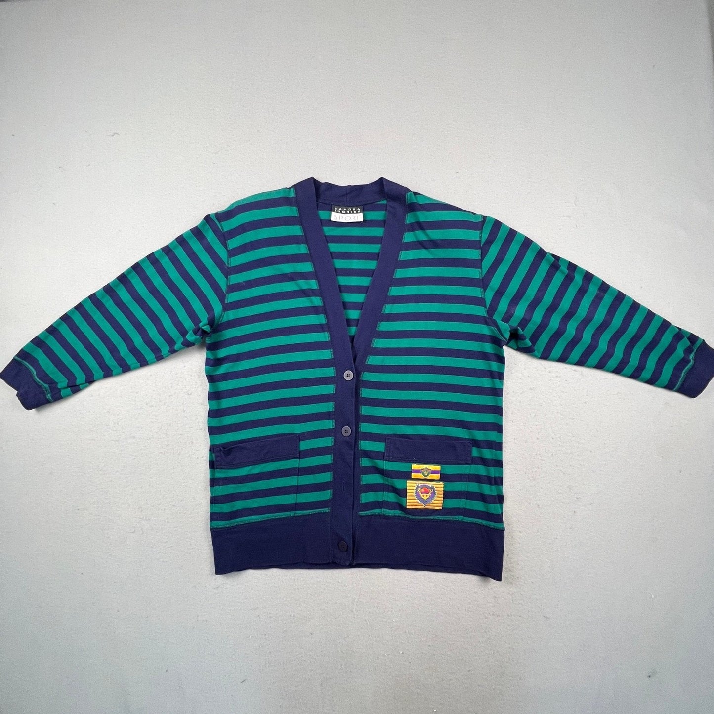 Sandra Ingrish Sport Cardigan Womens L Blue Green Striped Preppy Crest V-Neck