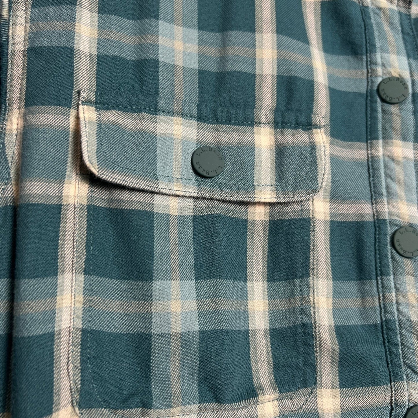 L.L. Bean Fleece Lined Shirt Jacket Mens Medium Plaid Teal/Cream Snap Button