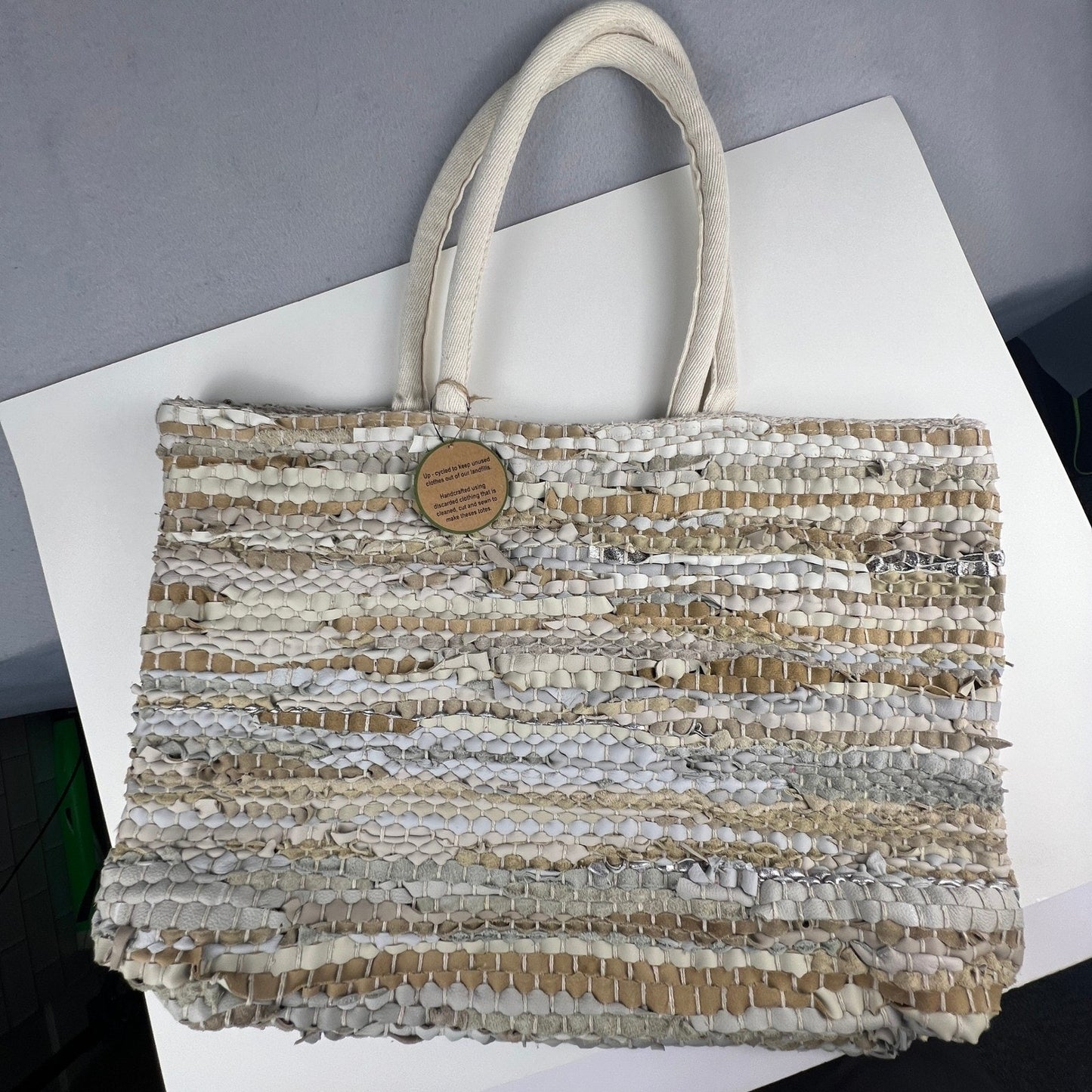 Handcrafted Upcycled Woven Tote Bag Large Neutral Boho Eco-Friendly Beach Travel