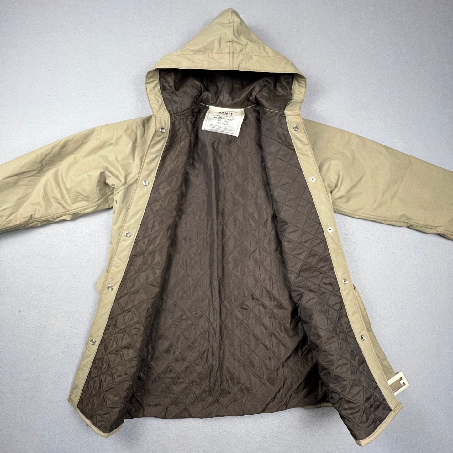 Ronte All Weather Jacket Mens Large Tan Quilt Lined Belted Hooded Rain Coat Vtg