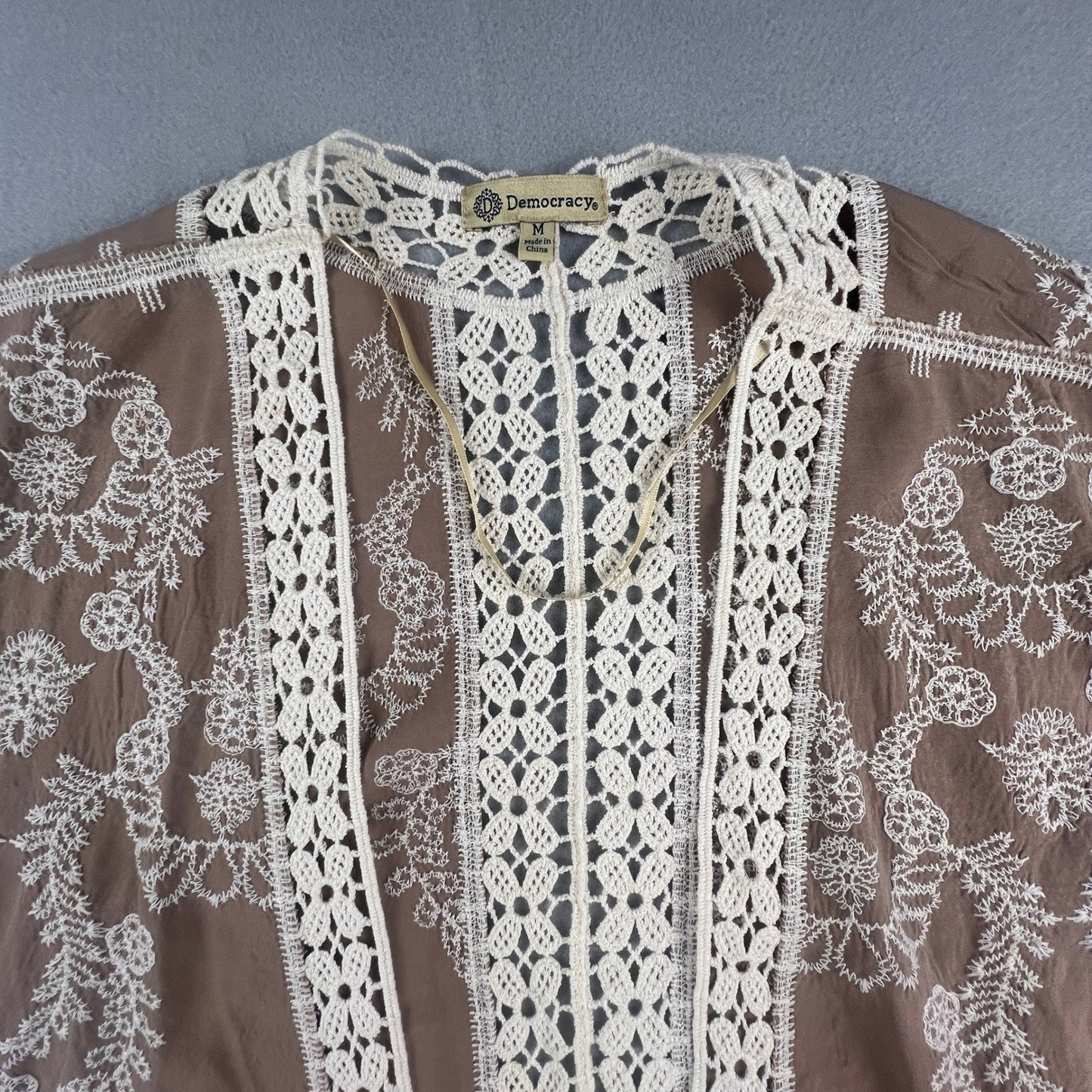 Crochet Lace Kimono Cardigan Womens M Brown Embroidered Boho Sheer Layer
