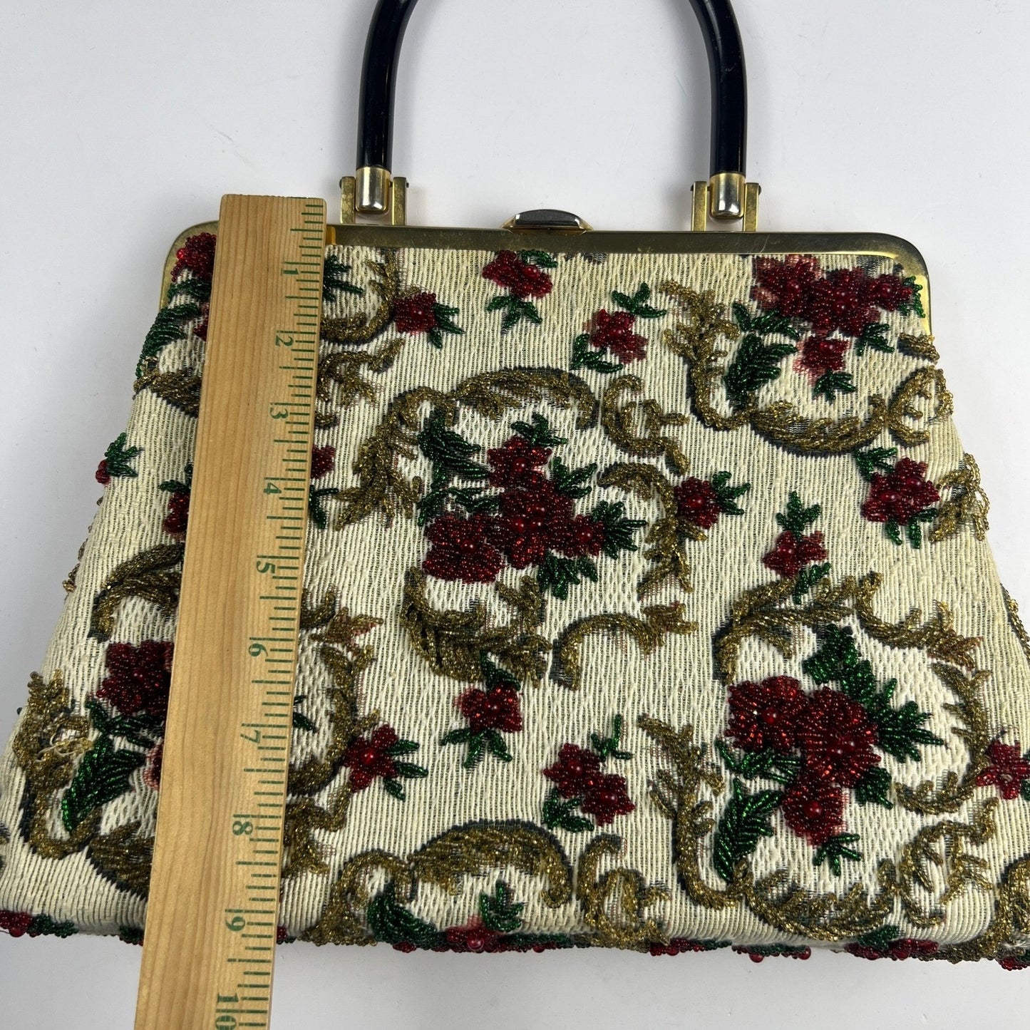 Vintage 1950s Beaded Tapestry Handbag Floral Lucite Handle MCM Evening Purse