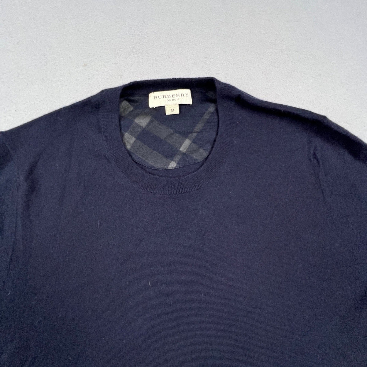 Burberry London Cashmere Sweater Mens M Navy Crewneck Nova Check Luxury Knit