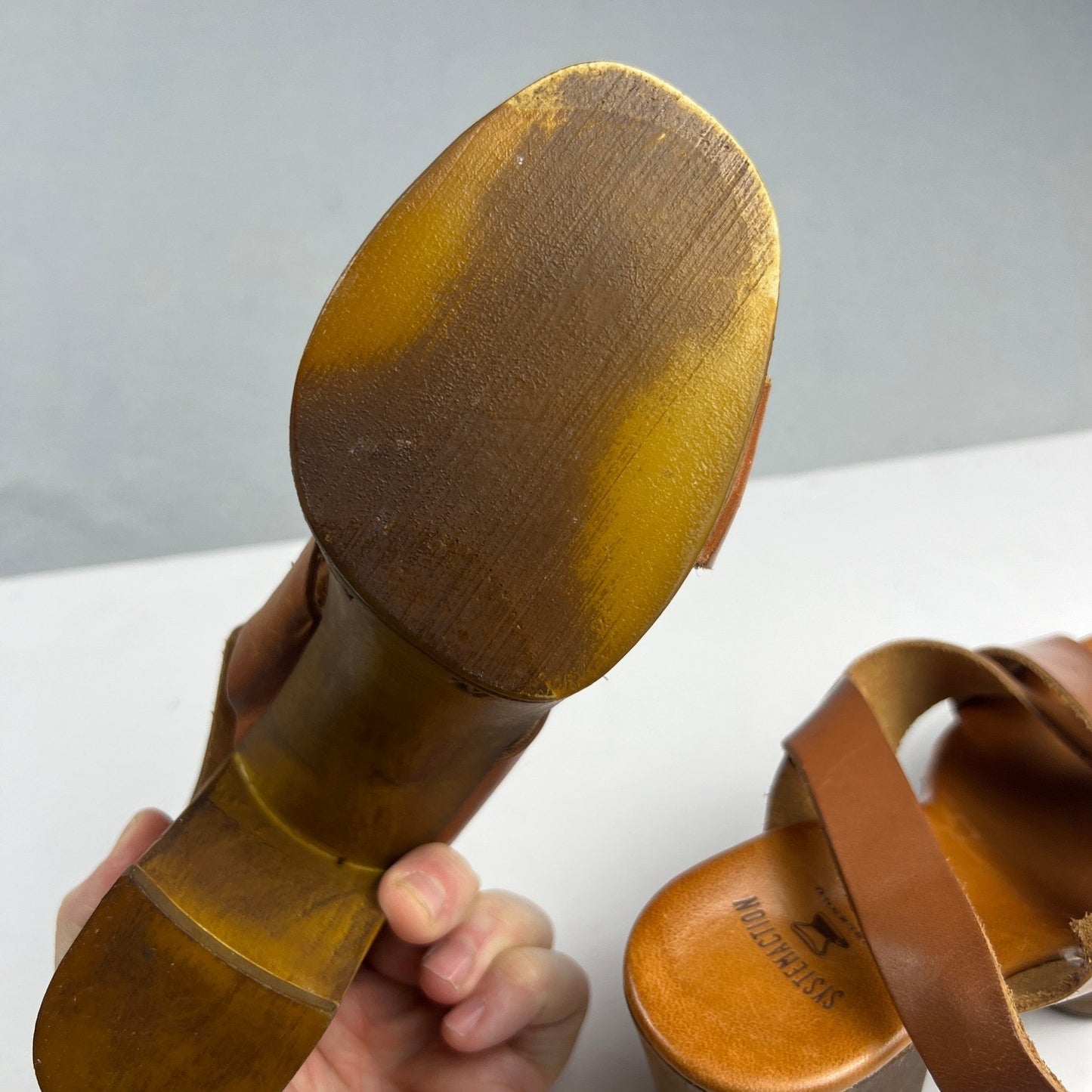 Brown Leather Wood Block Heel Boho Retro Platform Sandals Made in Italy Size 7