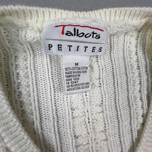 VTG Talbots Cardigan Sweater Womens Medium Petite White Cotton Cable Knit Preppy