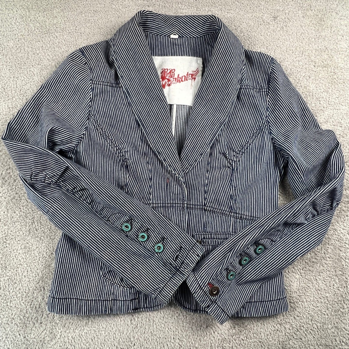 BB Dakota Hickory Stripe Denim Blazer Womens Medium Blue Fitted Peplum Jacket