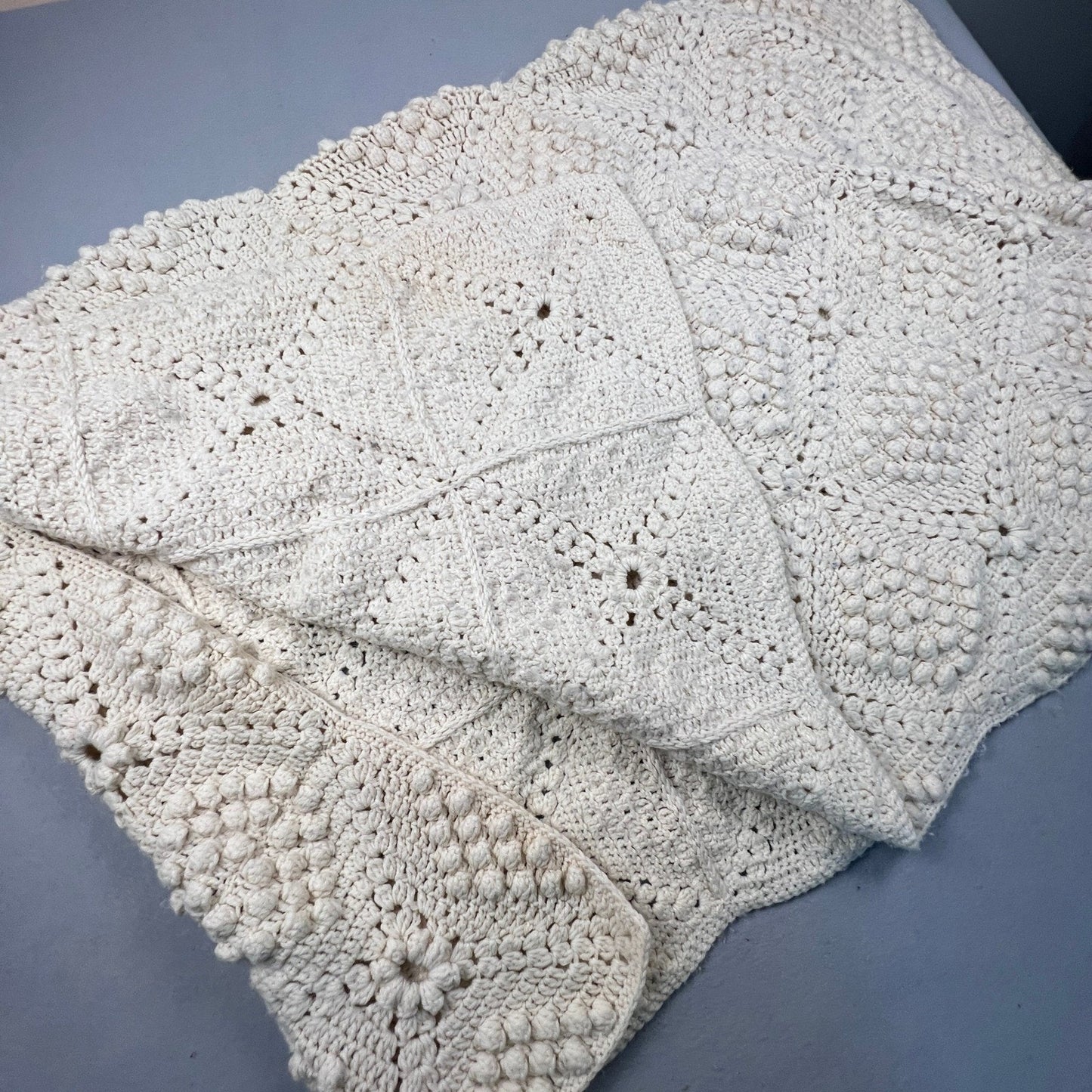 Handmade Crochet Popcorn Stitch Afghan Blanket 72x58 Cream Boho Farmhouse VTG