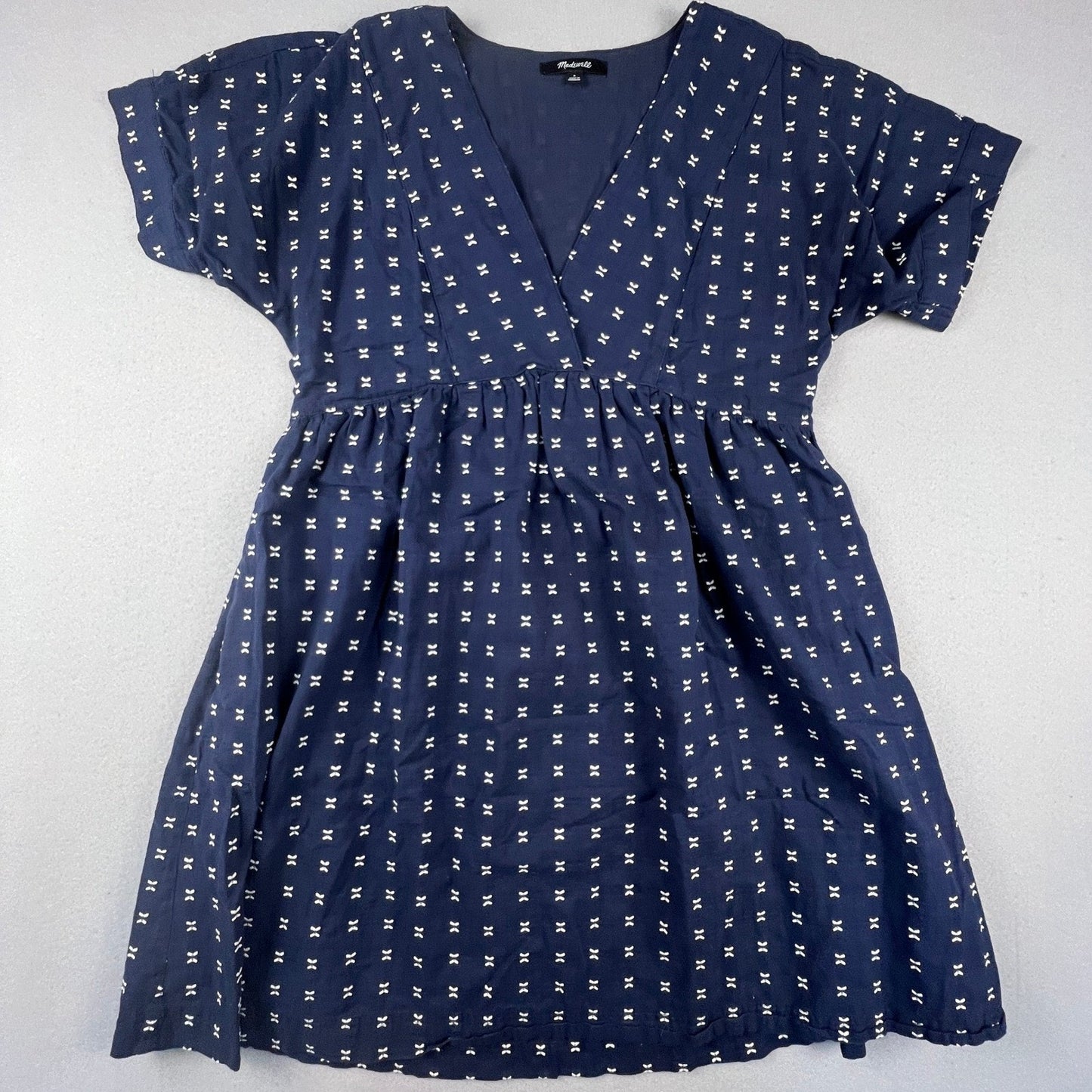 Madewell Mini Dress Womens Small Navy Blue Embroidered Bow Dobby V-Neck Boho
