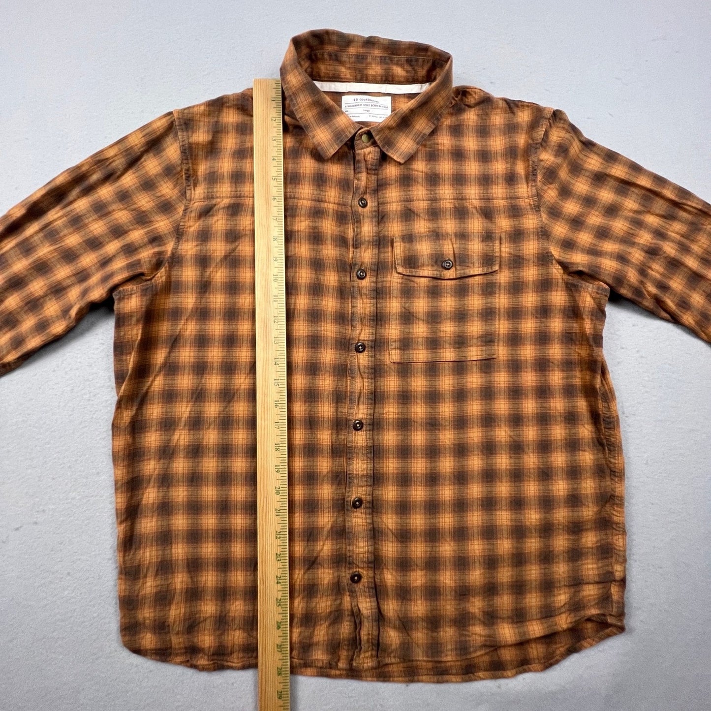 REI Co-op Flannel Shirt Mens Large Orange Brown Plaid Cotton Hiking Outdoor F20
