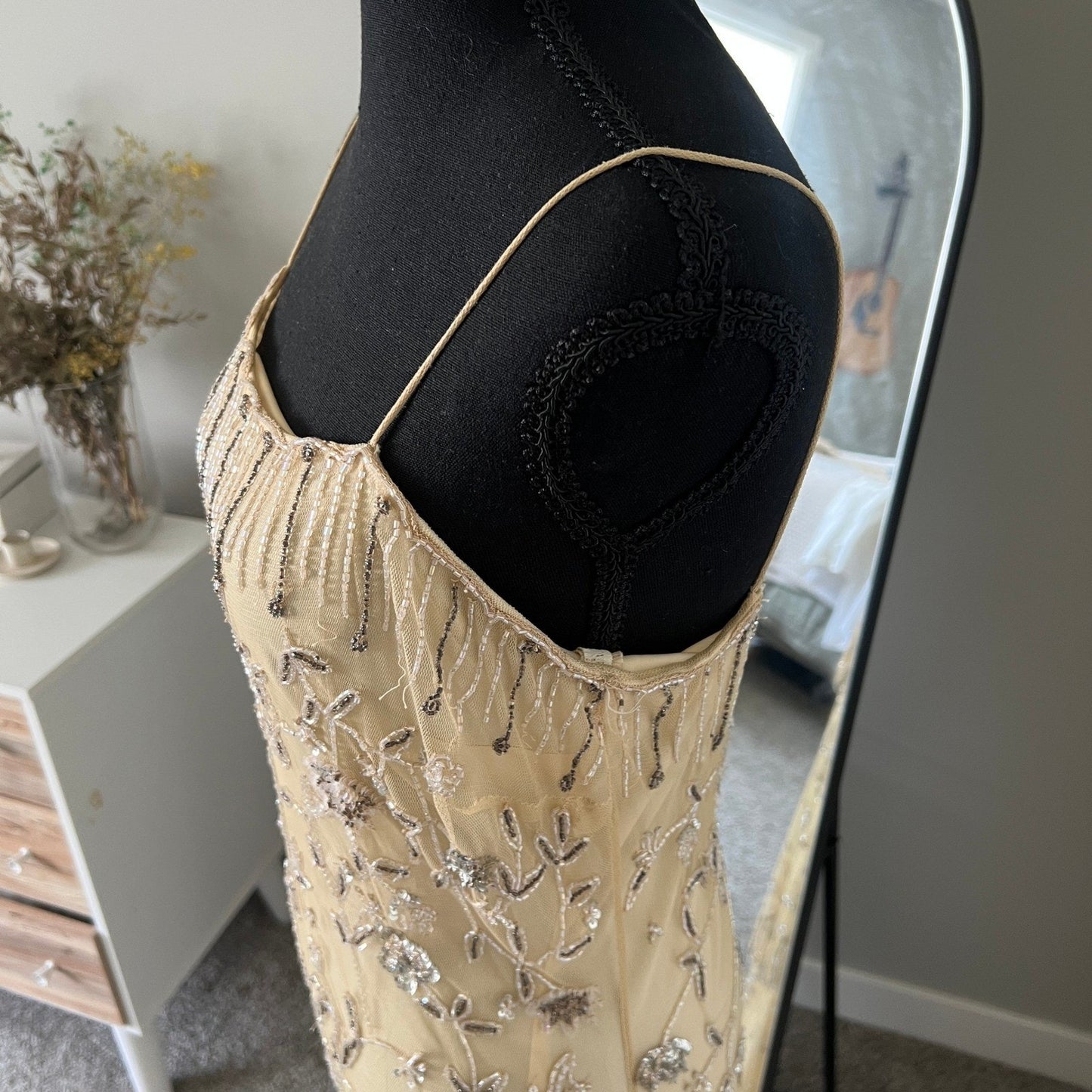 Vintage Style Beaded Dress Small Champagne Sequin Flapper Gown Bridal Wedding