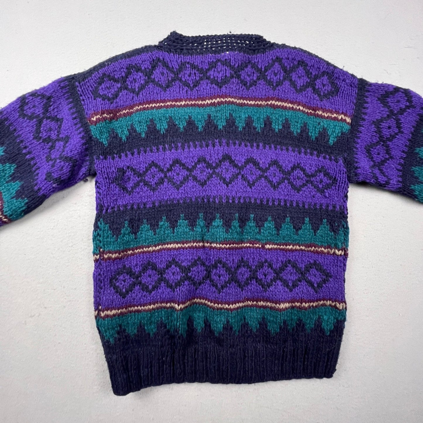 Rainbow Crafts Cardigan Mens L Purple Merino Wool Geometric Knit Ecuador Boho