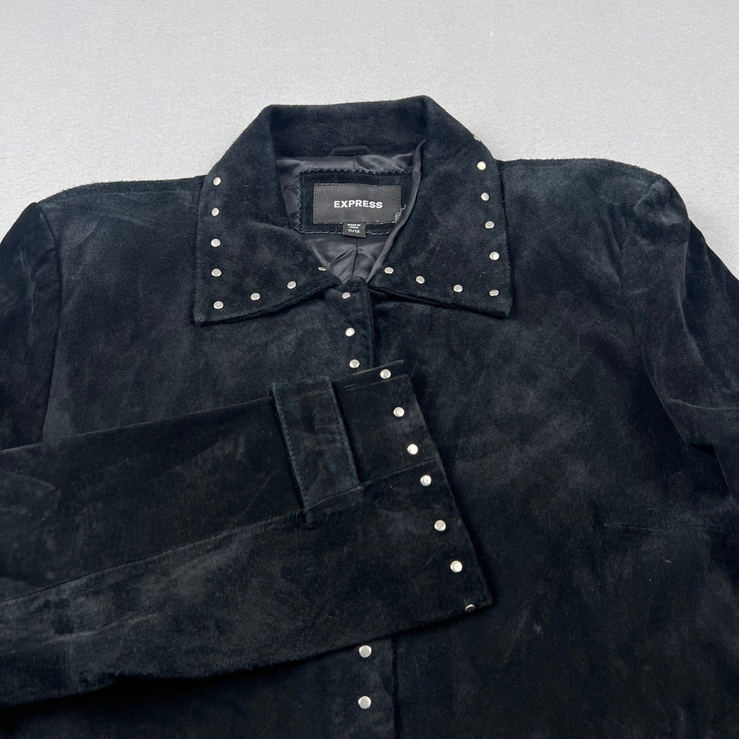 Y2K Express Suede Trench Coat Womens 11/12 Black Studded Belted Leather Jacket