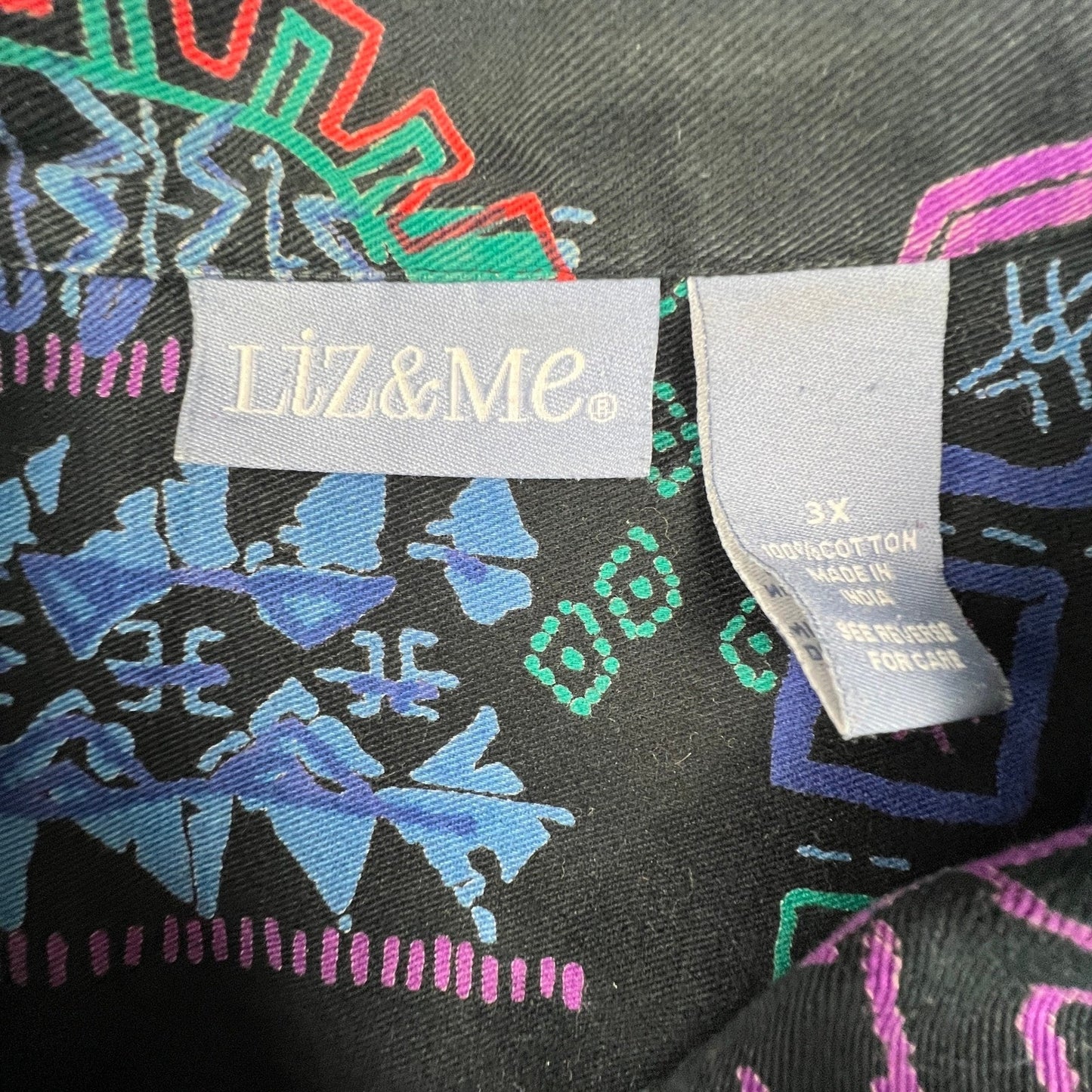 Liz & Me Button Down Shirt Women 3X Black Geometric Tribal Sequin Cotton Top