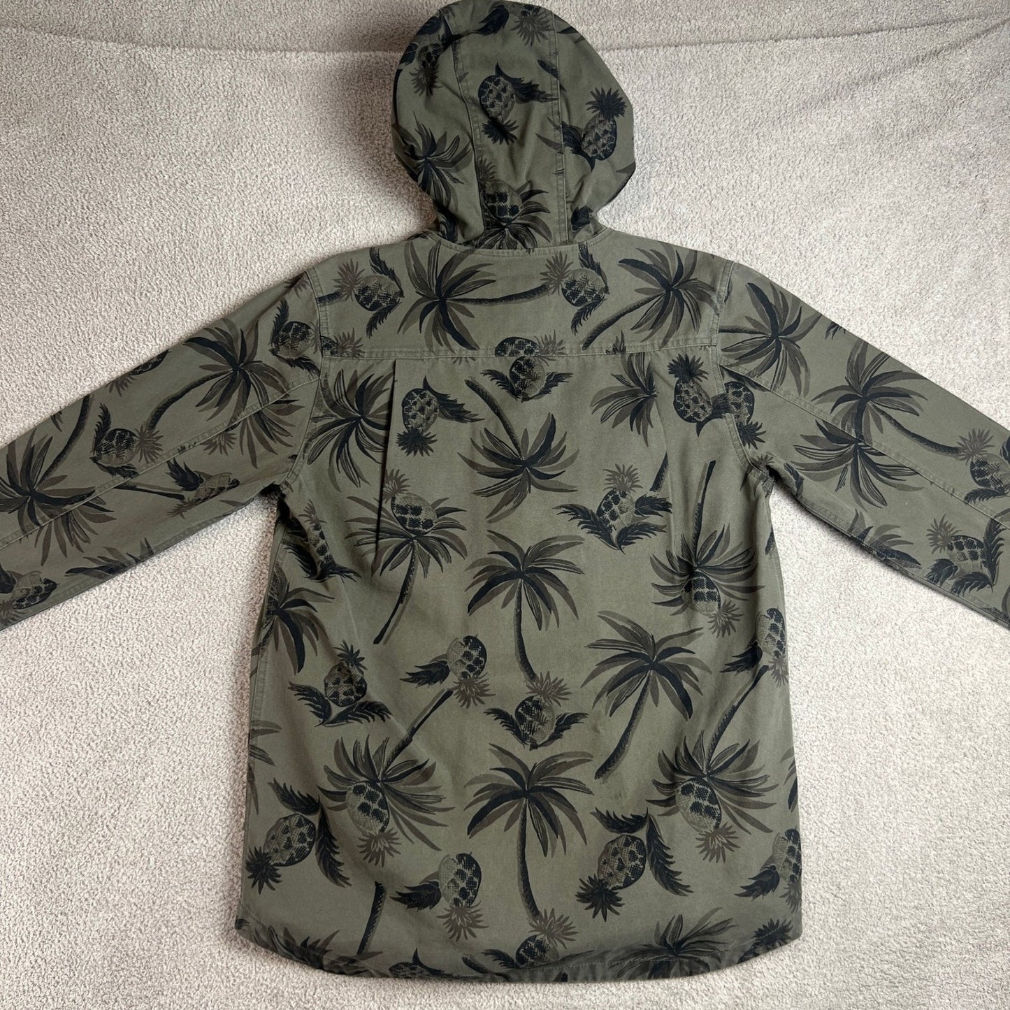 Vans Hooded Jacket Mens Medium Tropical Palm Tree Print Chore Coat Olive
