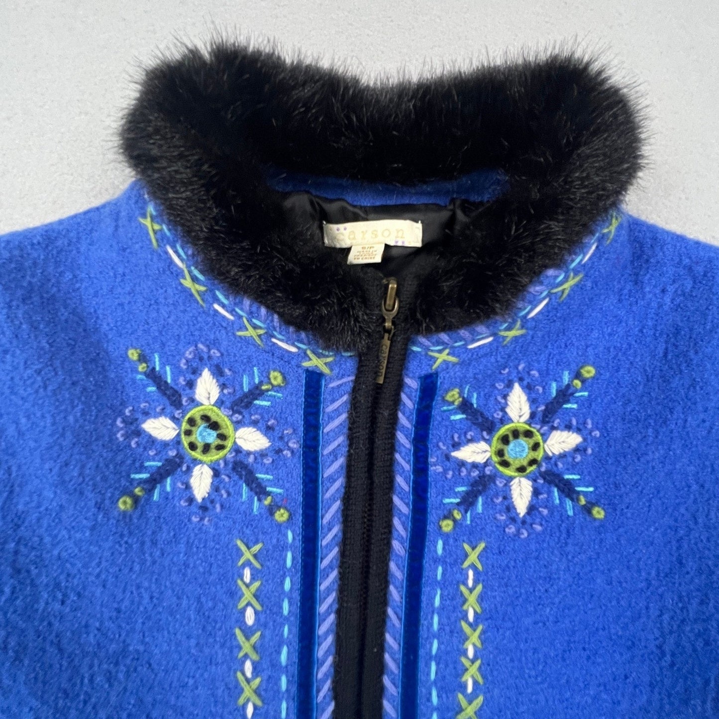 Carson Wool Embroidered Jacket Womens Small Blue Faux Fur Trim Boho Folk Art