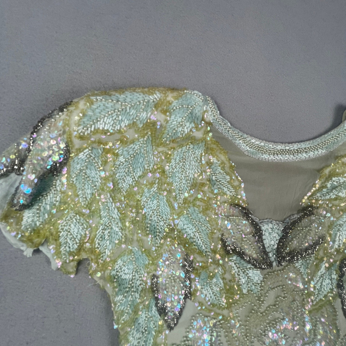 Vintage Oleg Cassini Beaded Silk Dress Women 8 Green Sequin Floral 80s Cocktail