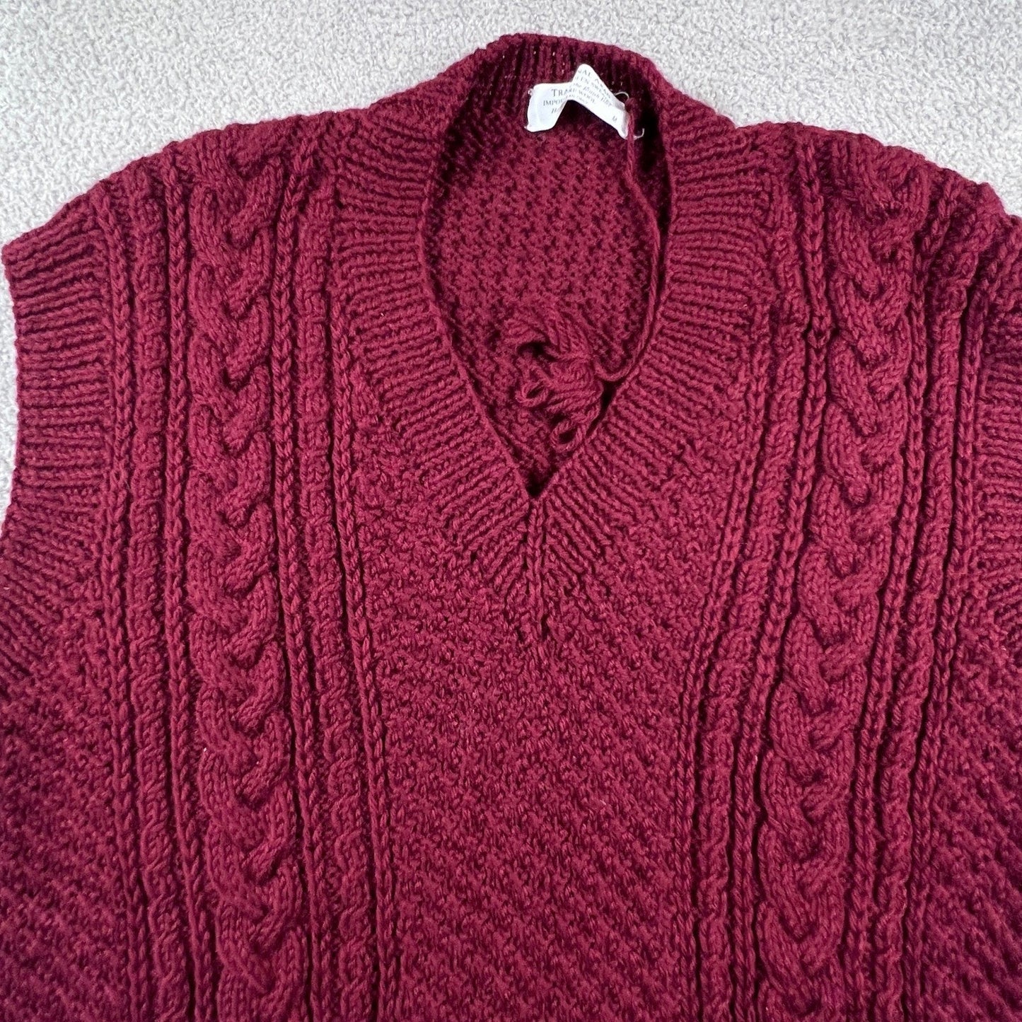 Vintage Aran Handknitted Wool Sweater Vest Women's M Burgundy V-Neck Cable Knit
