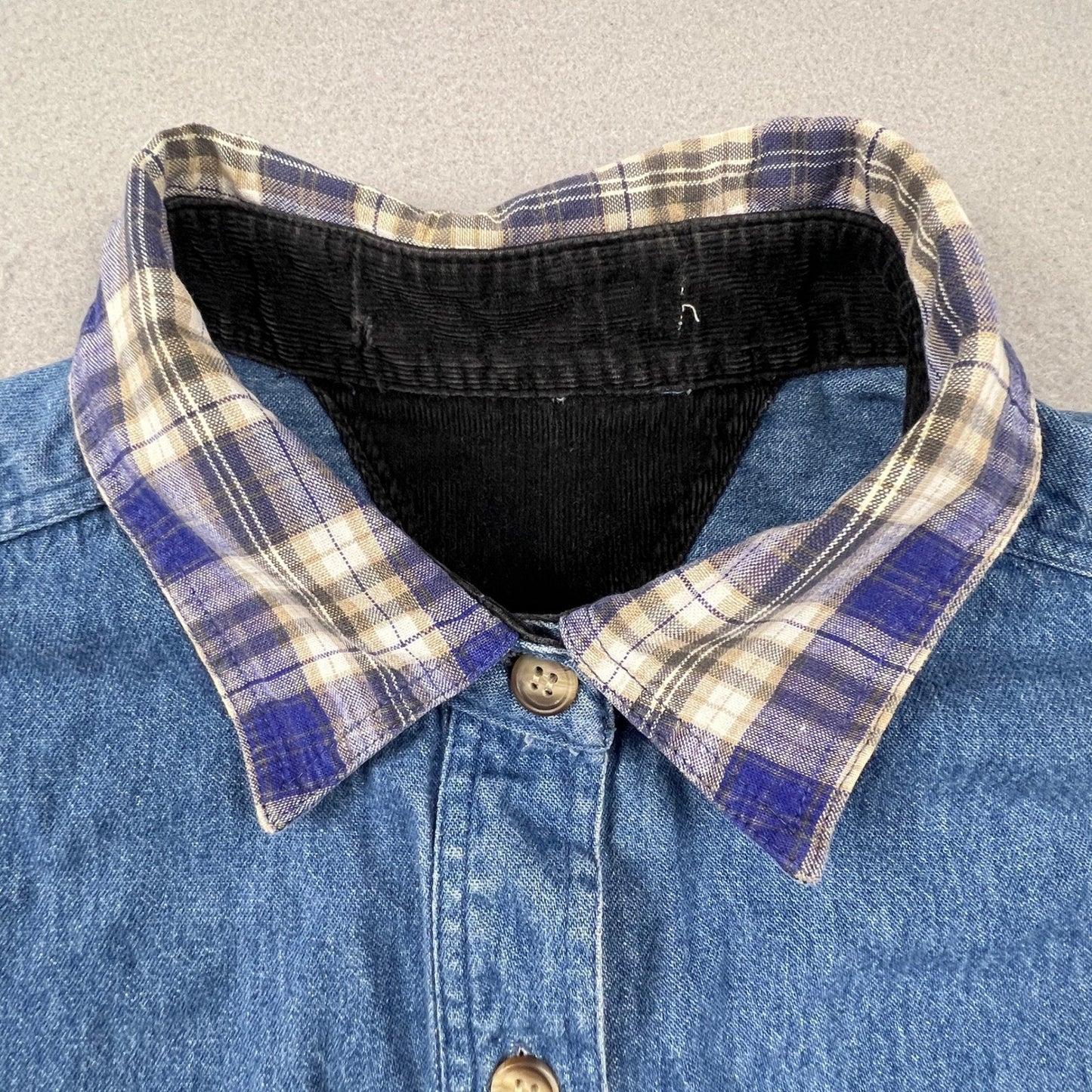 VTG Tommy Hilfiger Denim Shirt Womens Medium Blue Corduroy Pocket Plaid Trim