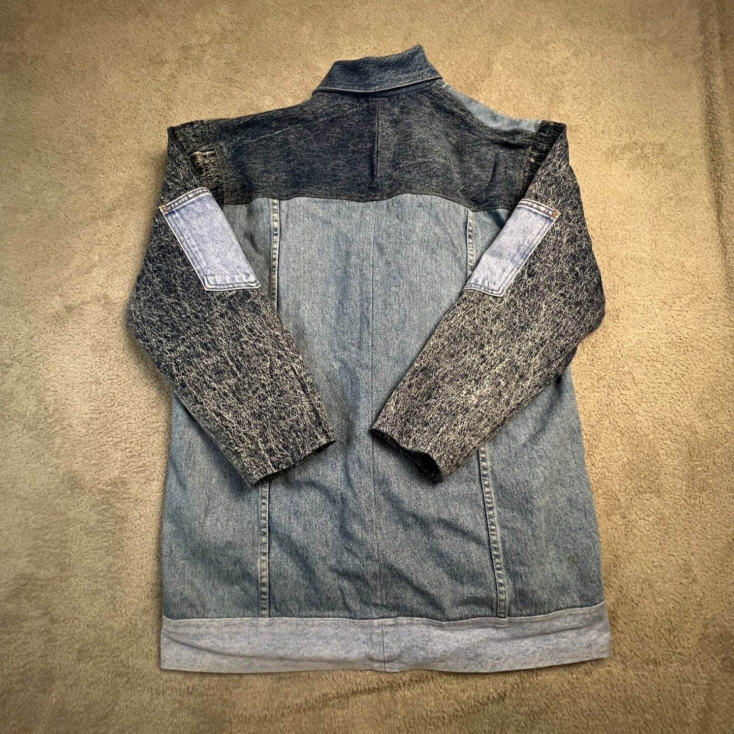 Vintage Denim Patchwork Jacket Women's Large Chore Coat Acid Wash Longline Blue