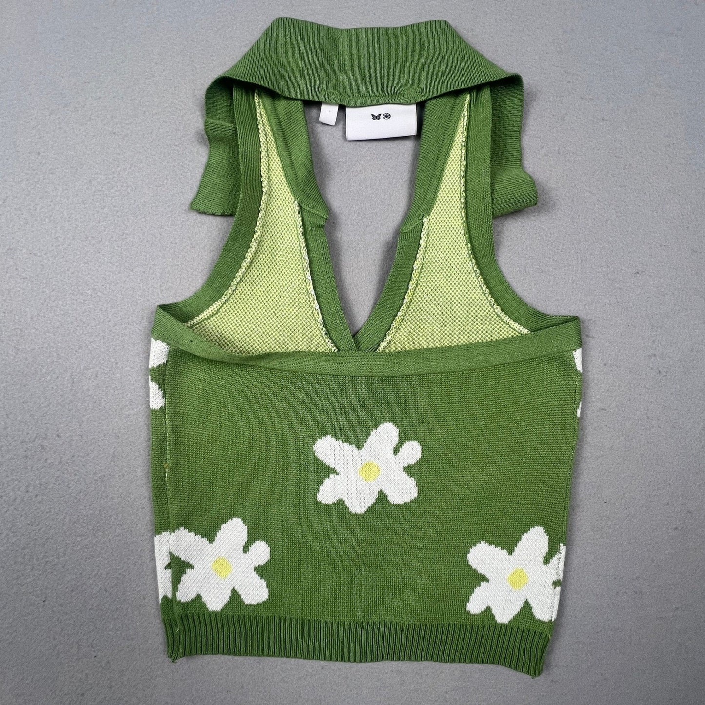 Daisy Street Halter Knit Top Womens Small Green Floral Button Front Retro Y2K