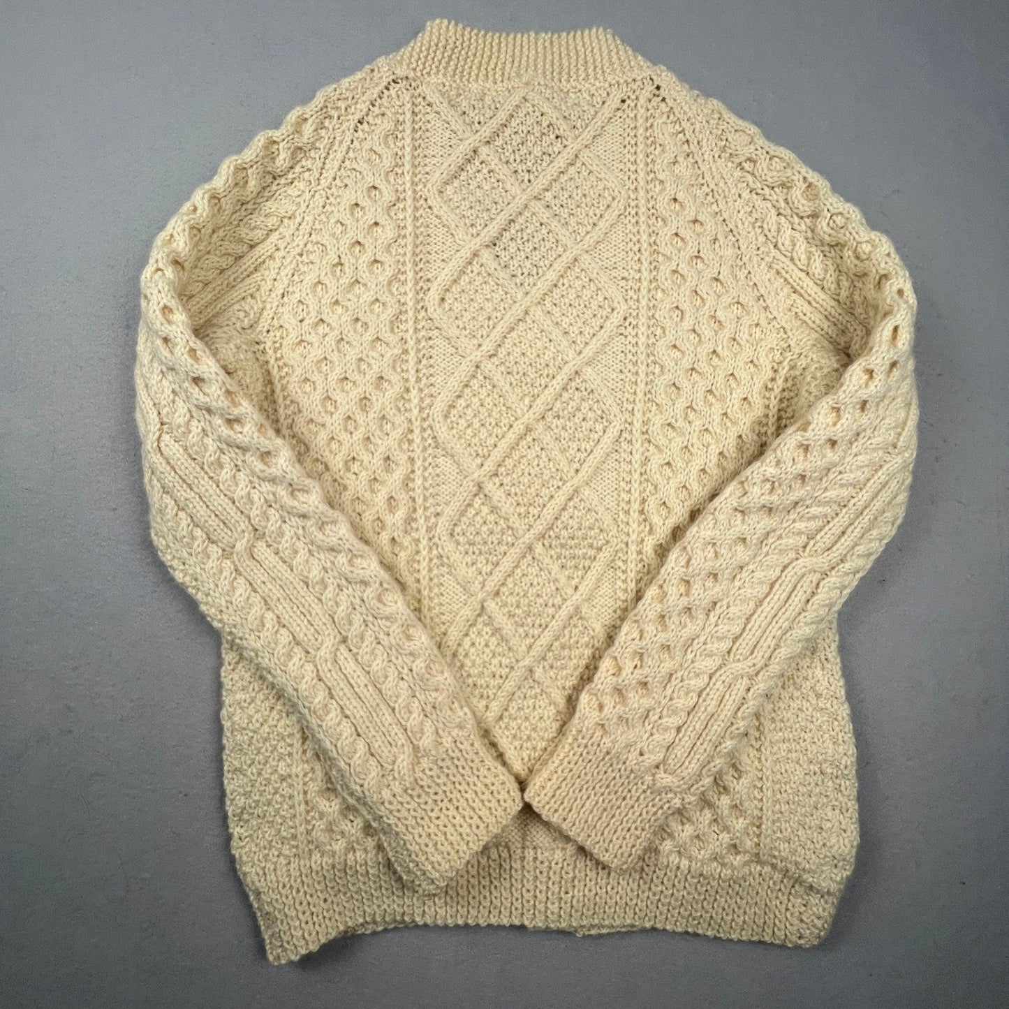 VTG Wool Handknit Joseph F. Heron Cardigan Mens M Cream Irish Aran Fisherman