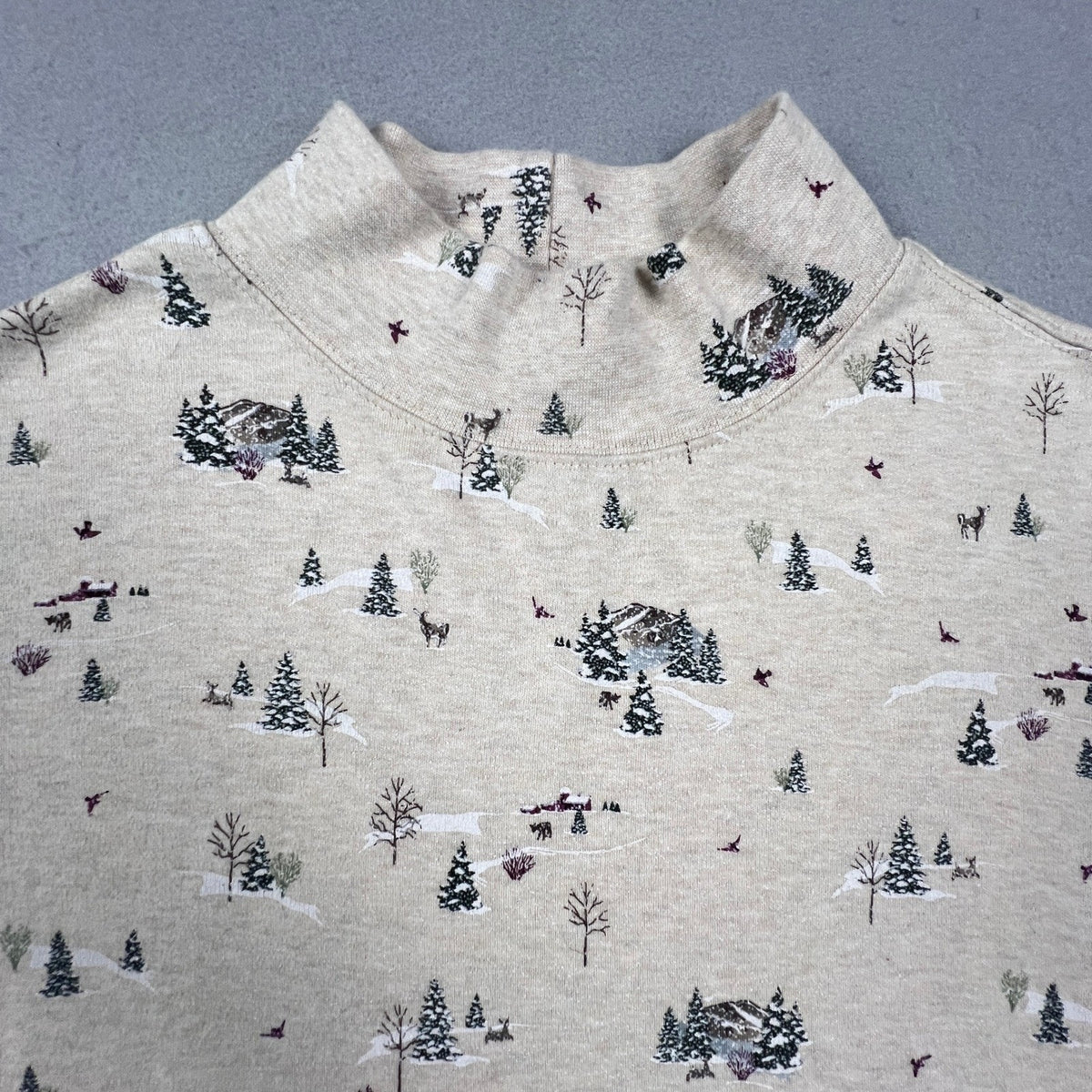 Winter Scene Pine Tree Cotton Shirt Mock Neck Top Womens XL Beige Croft & Barrow