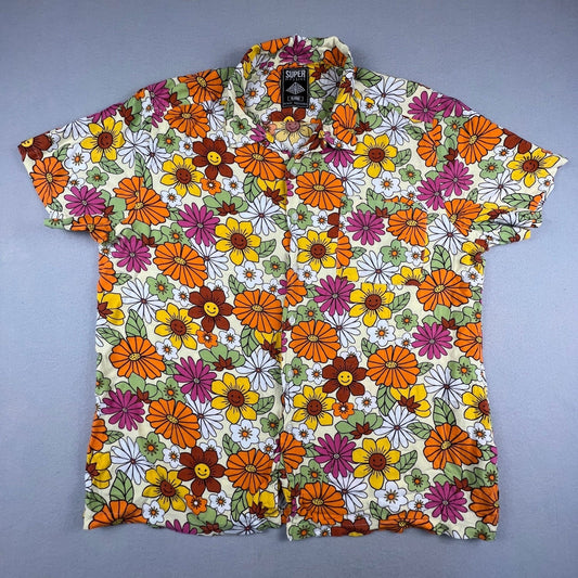Super Massive Button Down Shirt Mens XL Floral Smiley Face Retro 70s Indie Aloha