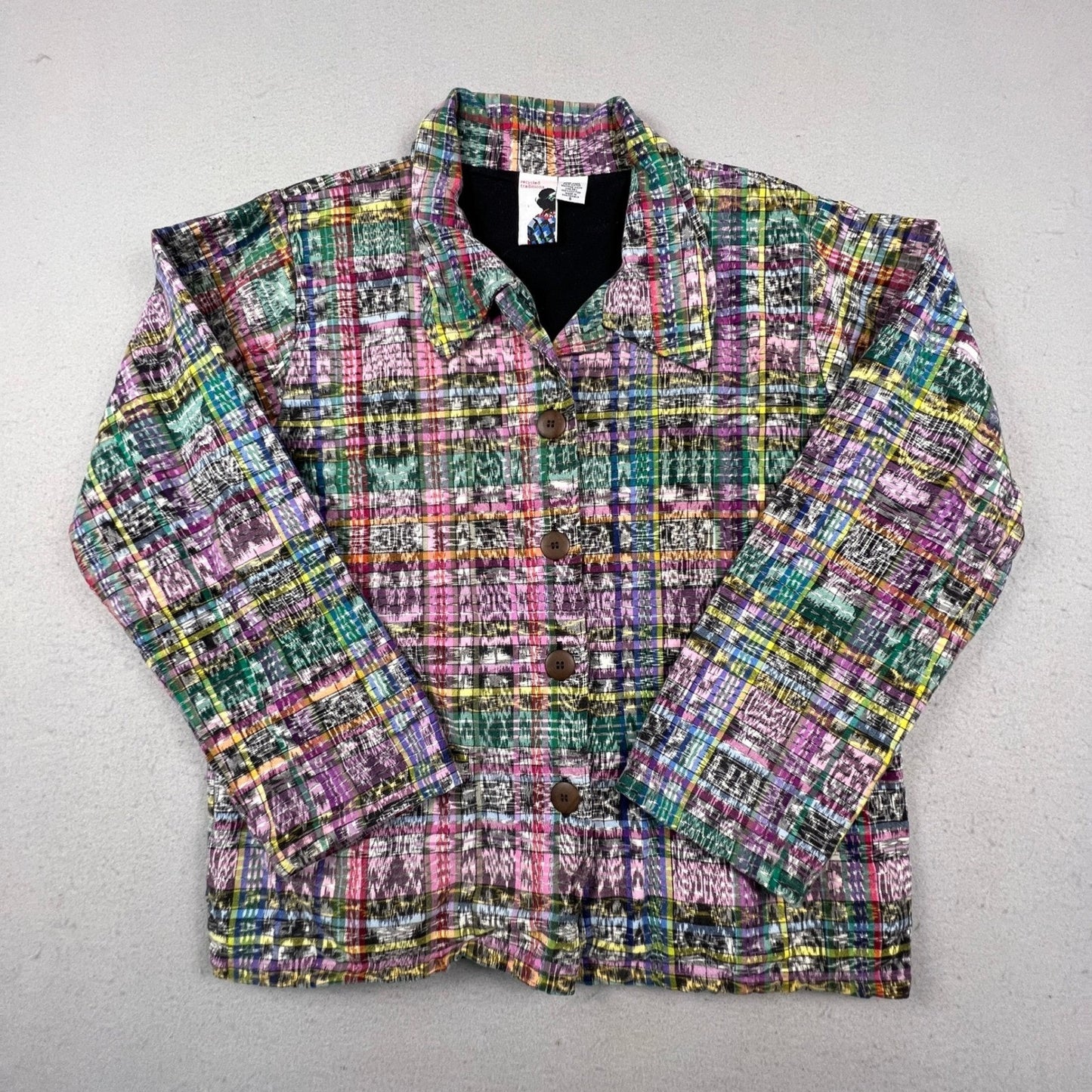 Recycled Traditions Ikat Plaid Jacket Womens S Multi Color Woven Boho Art Wear