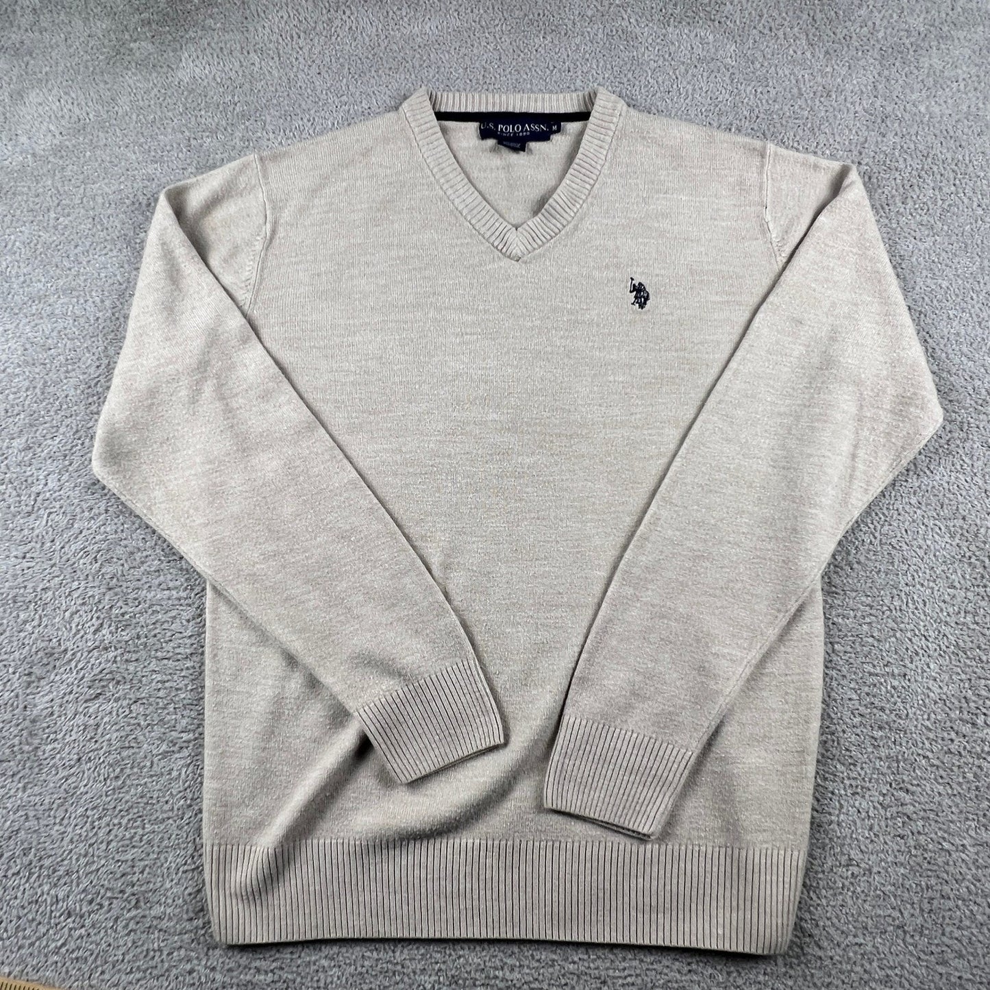 U.S. Polo Assn. V-Neck Sweater Mens Medium Tan Knit Preppy Classic