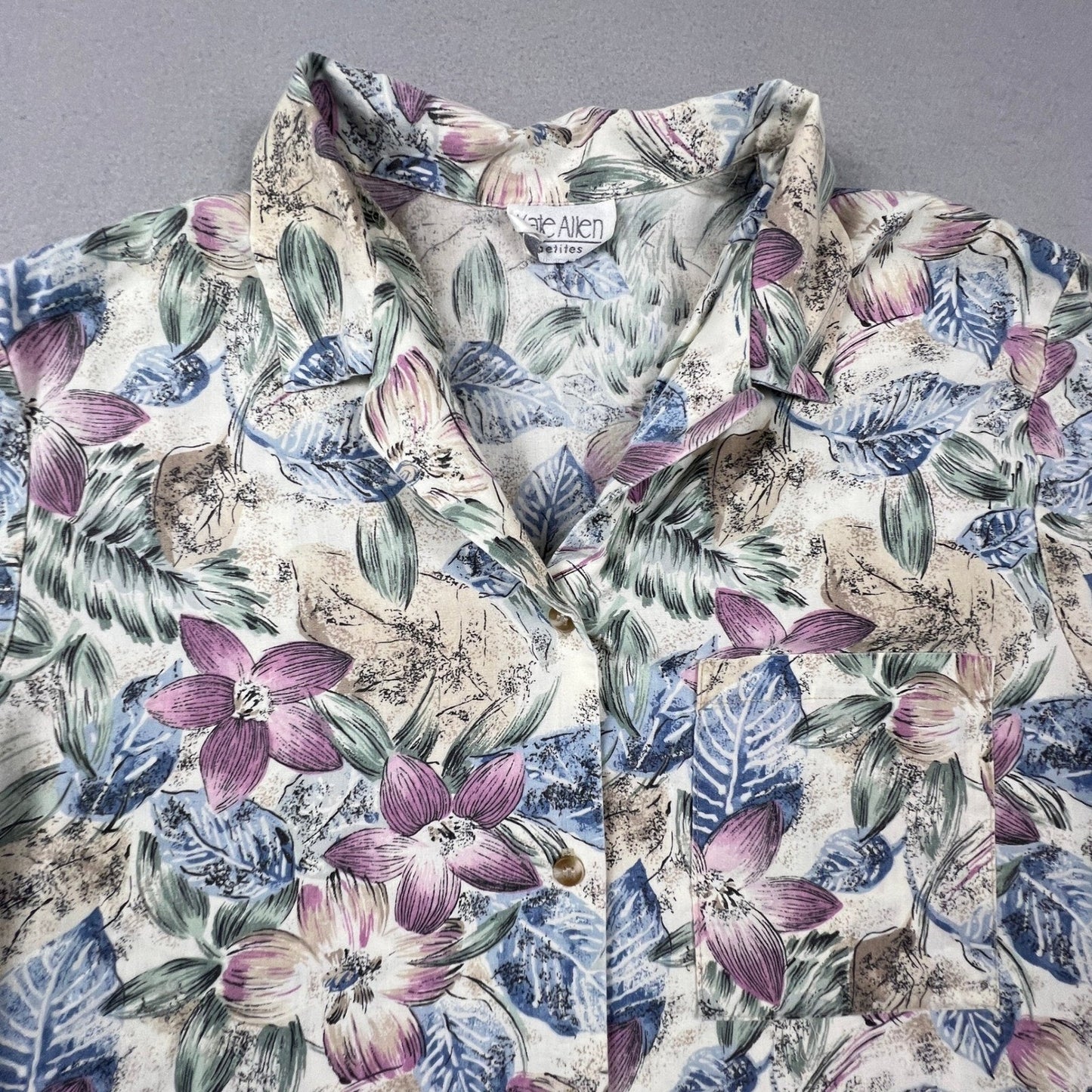 Kate Allen Floral Button Up Shirt Womens Petite Large Purple Blue Tropical Camp