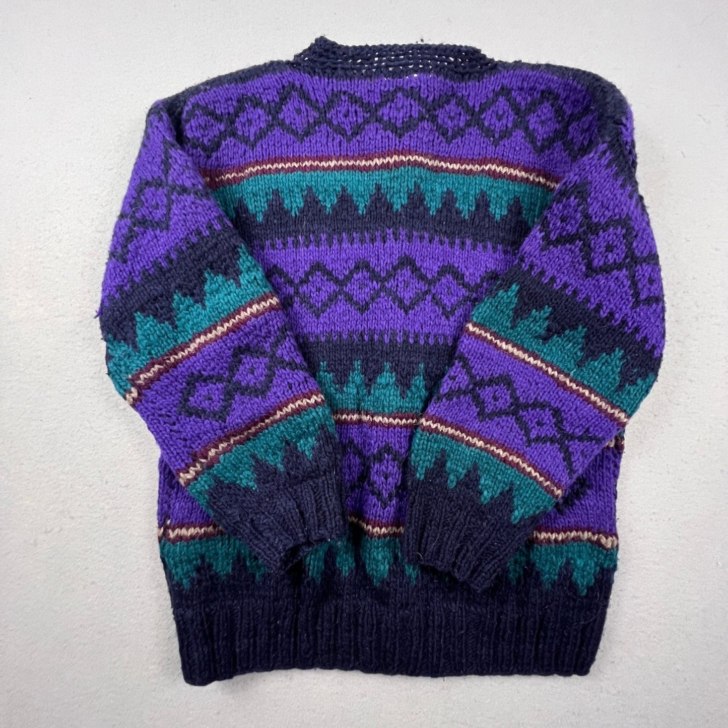 Rainbow Crafts Cardigan Mens L Purple Merino Wool Geometric Knit Ecuador Boho