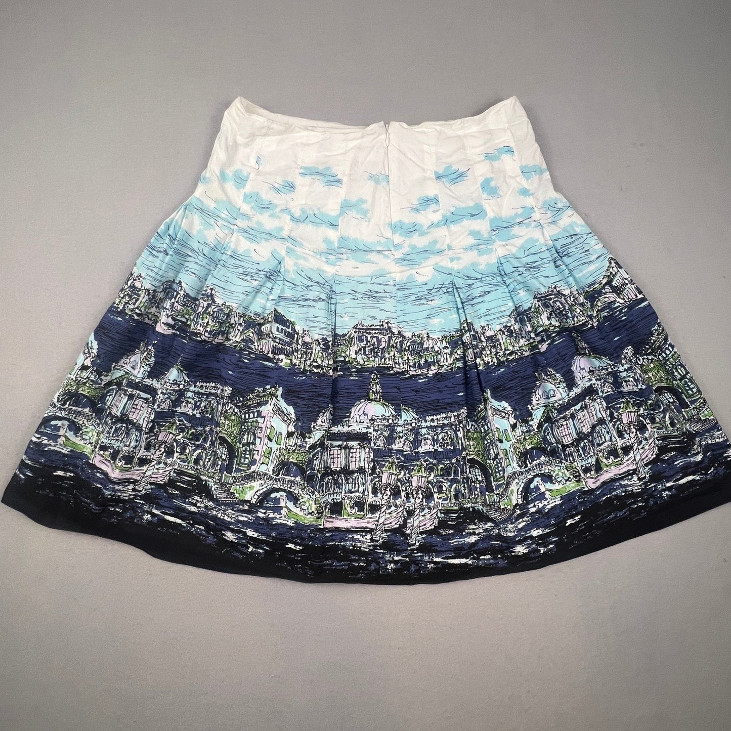Talbots Pleated Skirt Womens 10 Blue Venice Cityscape Print A-Line Knee Length