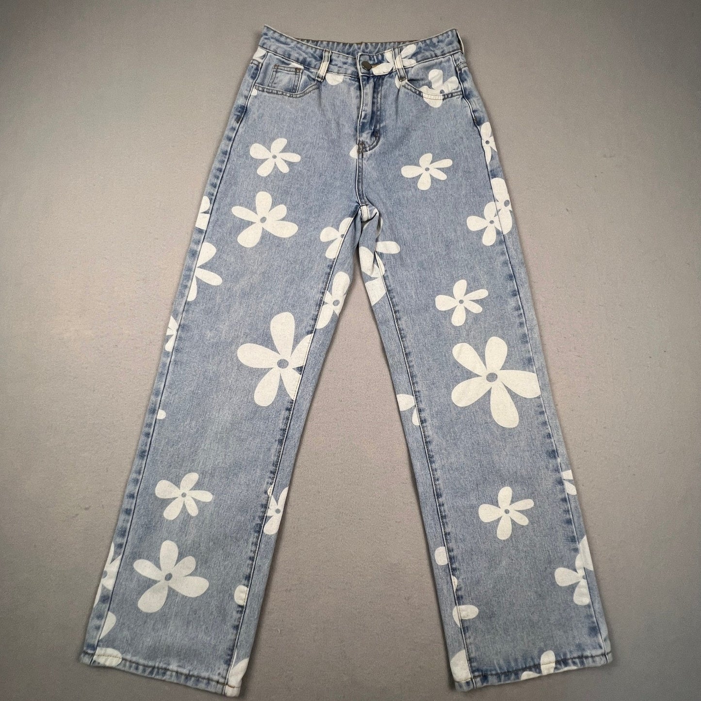 Straight Leg Retro Boho Daisy Print Jeans Womens 27 Light Blue Floral