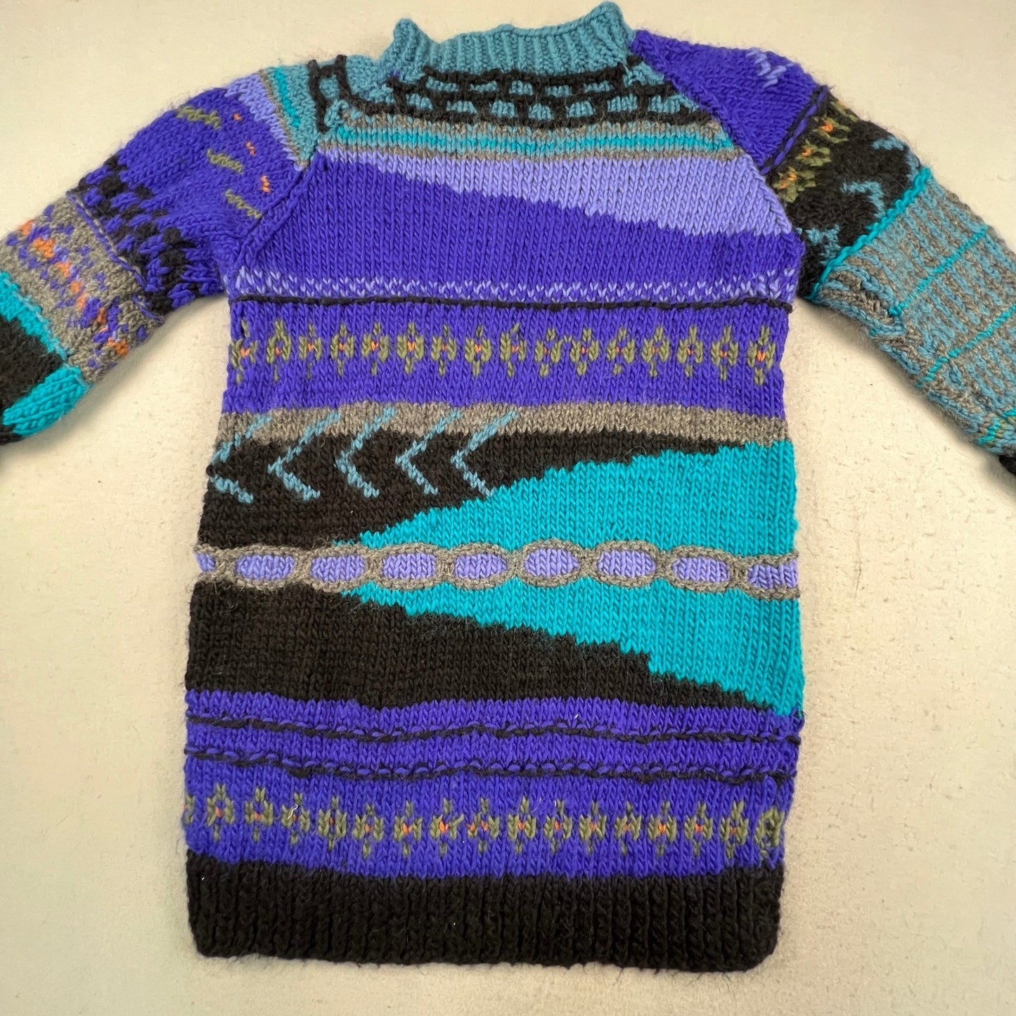 Hand Knit Sweater Dress Womens M Purple Turquoise Abstract Fair Isle Boho 3D VTG