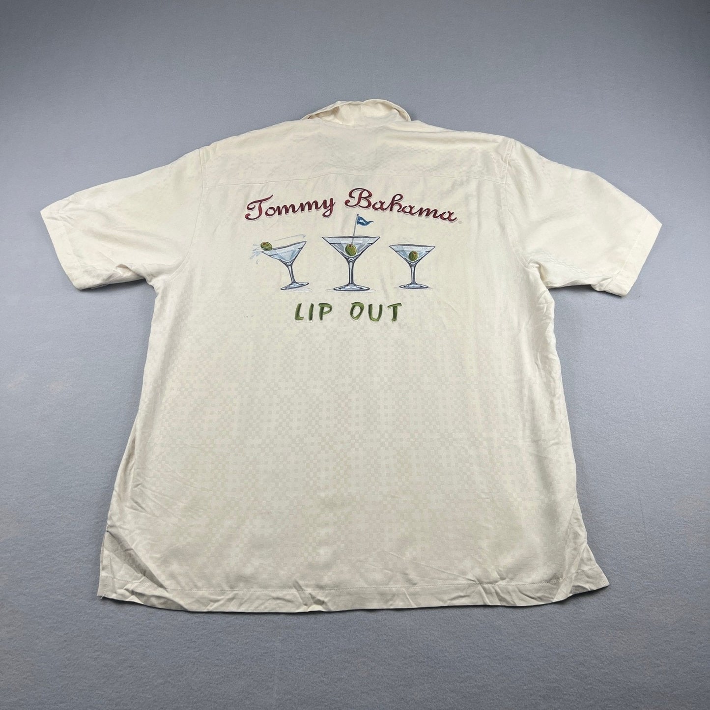 Tommy Bahama Lip Out Martini Shirt Mens Large Cream Silk Embroidered Camp Golf