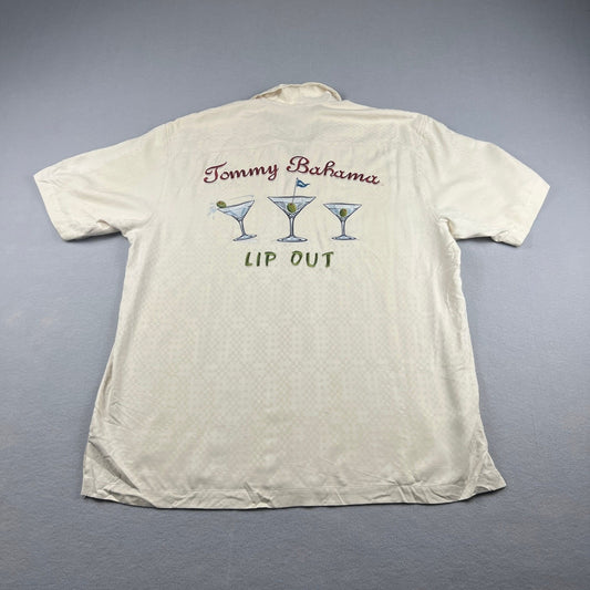 Tommy Bahama Lip Out Martini Shirt Mens Large Cream Silk Embroidered Camp Golf