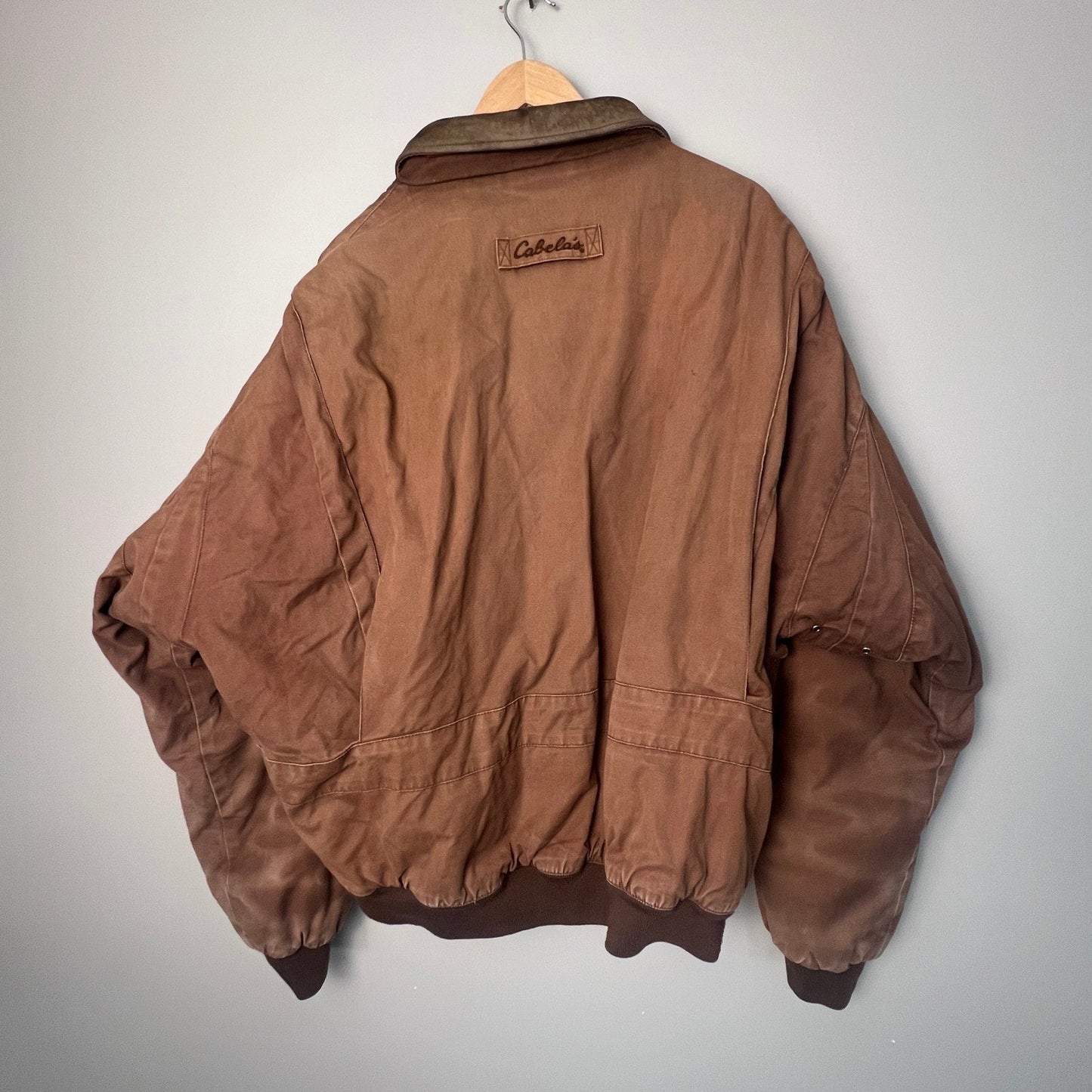 VTG Cabelas Canvas Jacket Mens XL Brown Leather Collar Workwear Outdoor Coat Job