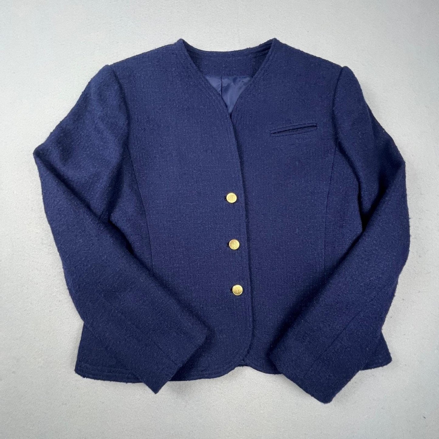 VTG Young Traditions Blazer Women 14 Navy Blue Gold Button Wool Blend Preppy