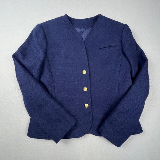 VTG Young Traditions Blazer Women 14 Navy Blue Gold Button Wool Blend Preppy