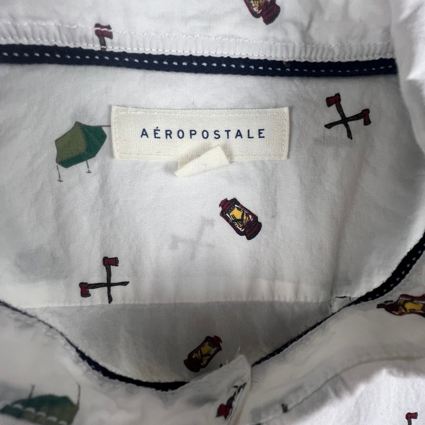 Aeropostale Button Down Shirt Mens XL White Camping Print Cotton Short Sleeve